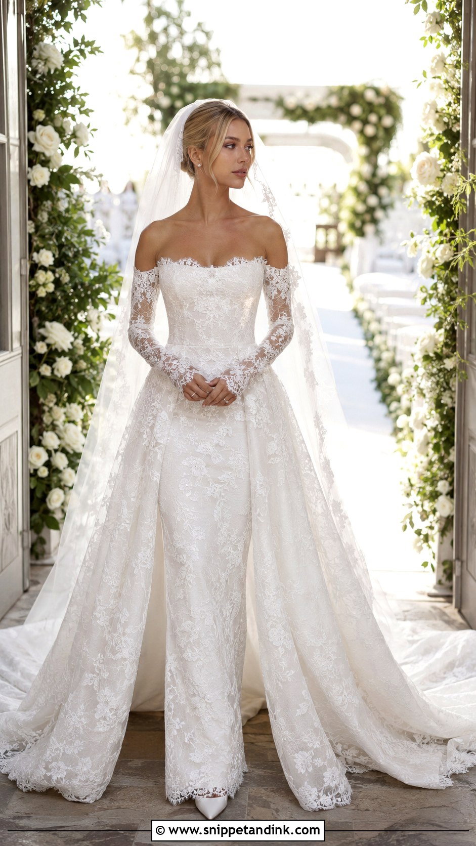 Hailey Baldwin Detachable Train Lace Wedding Dress - Snippet and Ink - 20 Hailey Baldwin Wedding Dress Ideas