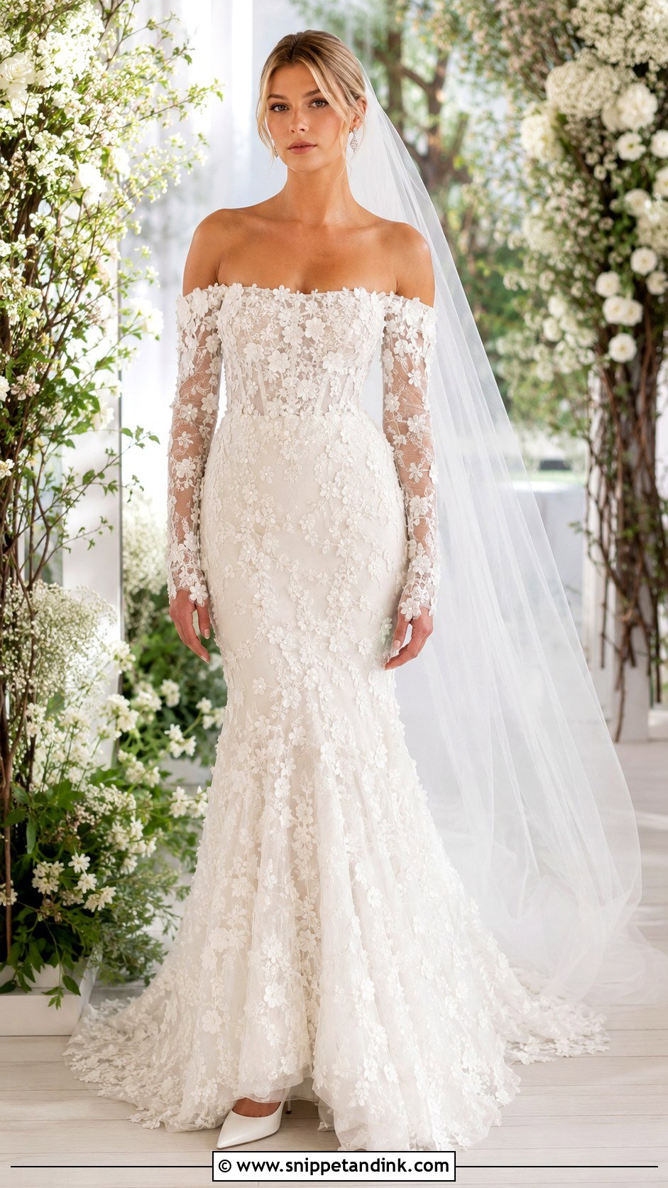 Hailey Baldwin Floral Applique Wedding Dress - Snippet and Ink - 20 Hailey Baldwin Wedding Dress Ideas