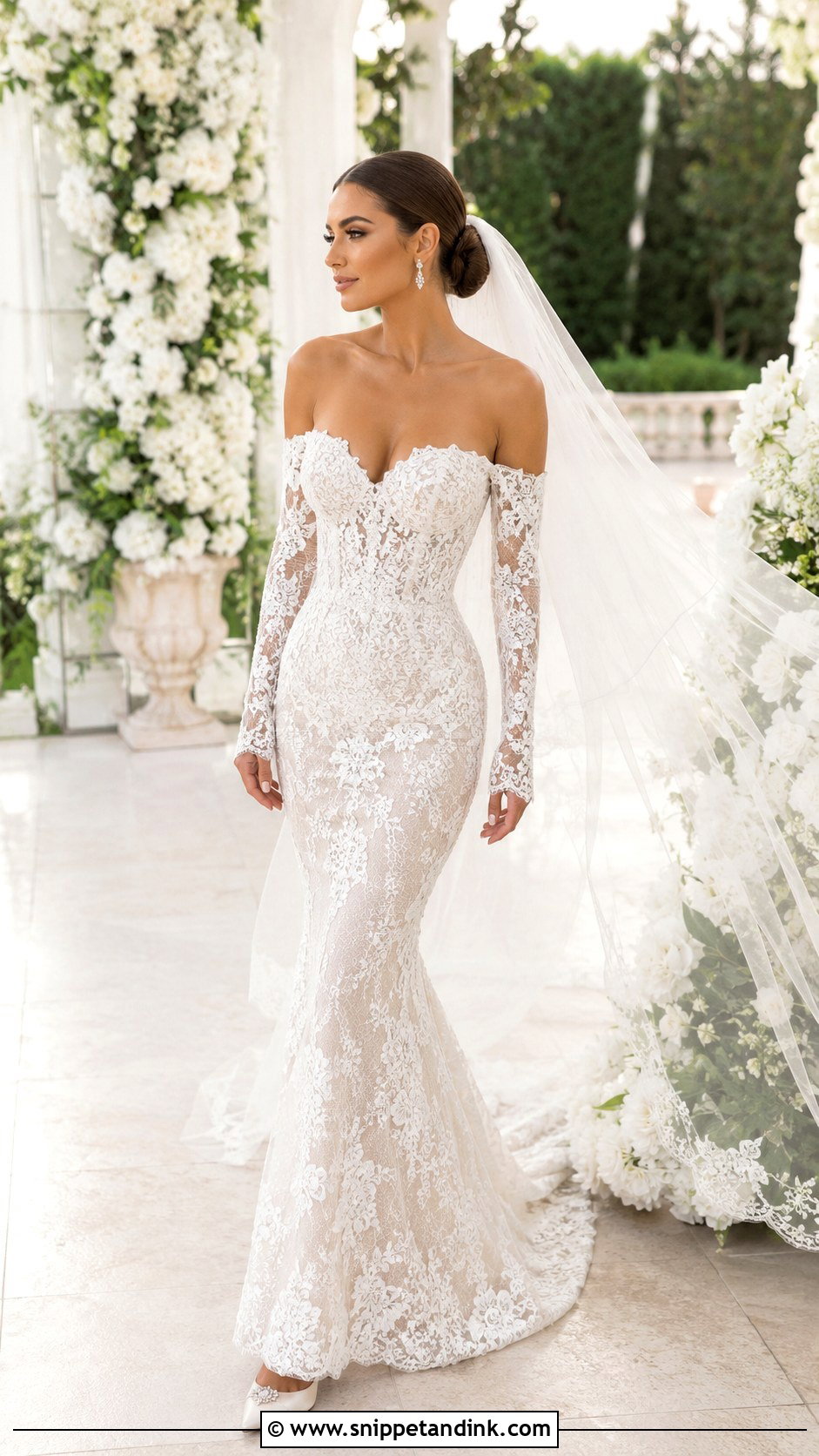 Hailey Baldwin Off The Shoulder Lace Wedding Dress - Snippet and Ink - 20 Hailey Baldwin Wedding Dress Ideas