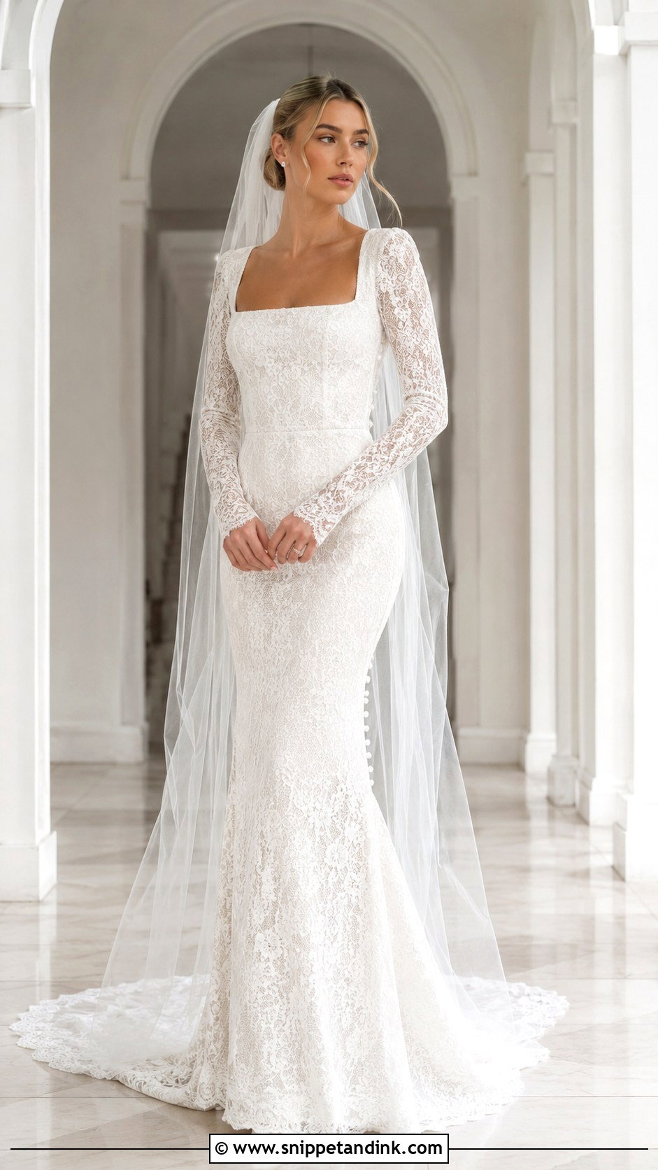 Hailey Baldwin Square Neck Lace Wedding Dress - Snippet and Ink - 20 Hailey Baldwin Wedding Dress Ideas