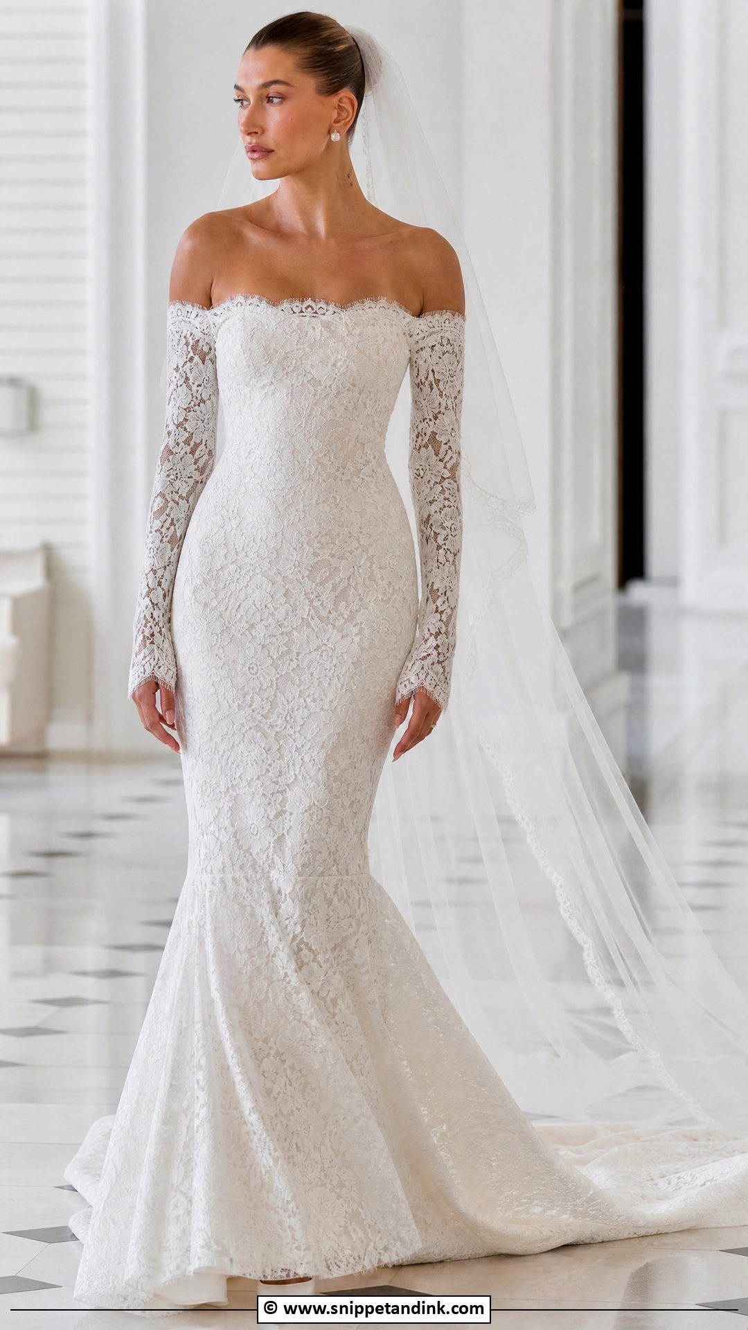 Hailey Bieber Off Shoulder Lace Wedding Dress - Snippet and Ink - 35 Hailey Bieber Wedding Dress Ideas