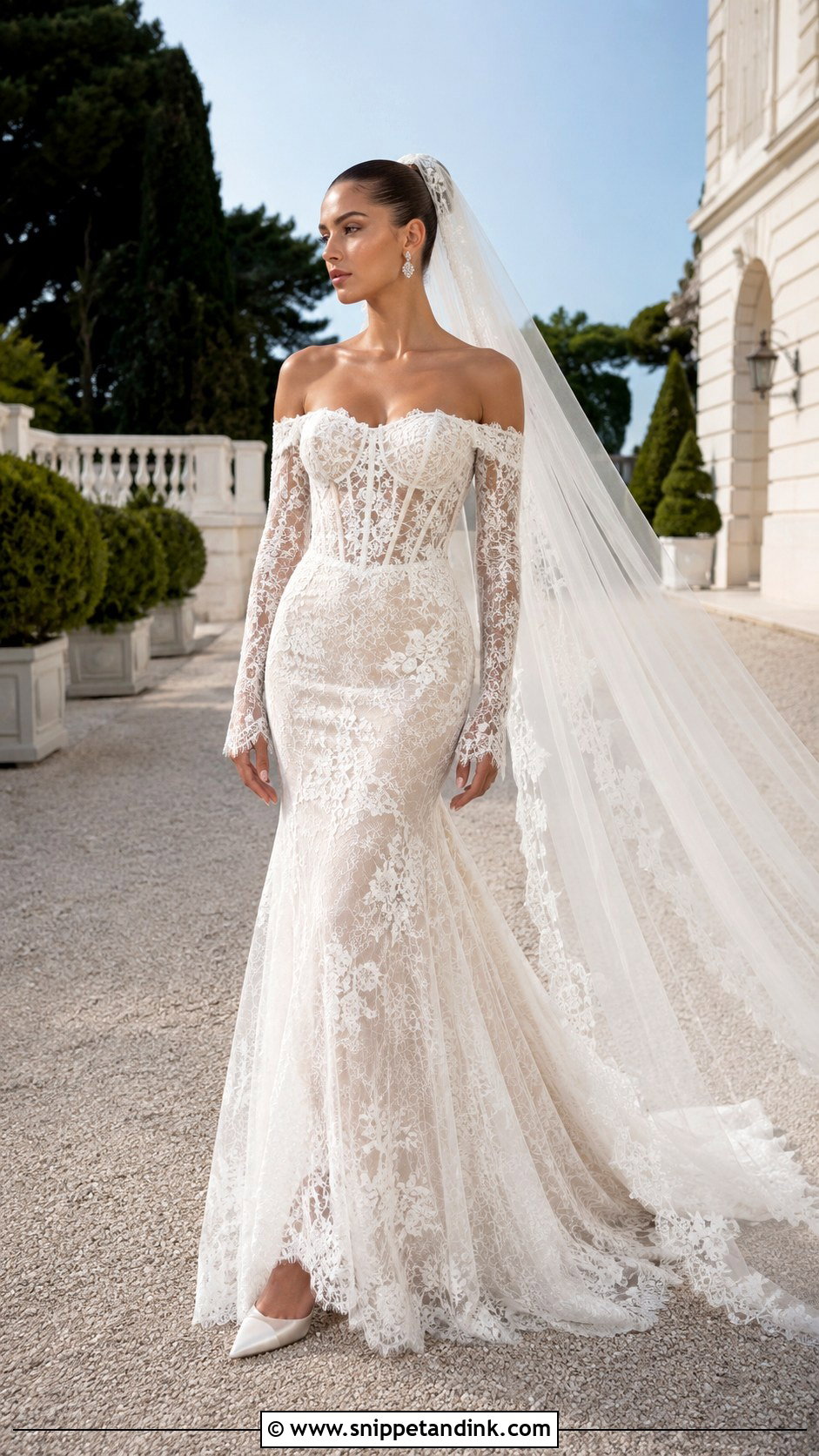 Hailey Bieber Off Shoulder Wedding Dress - Snippet and Ink - 20 Celebrity Wedding Dress Ideas