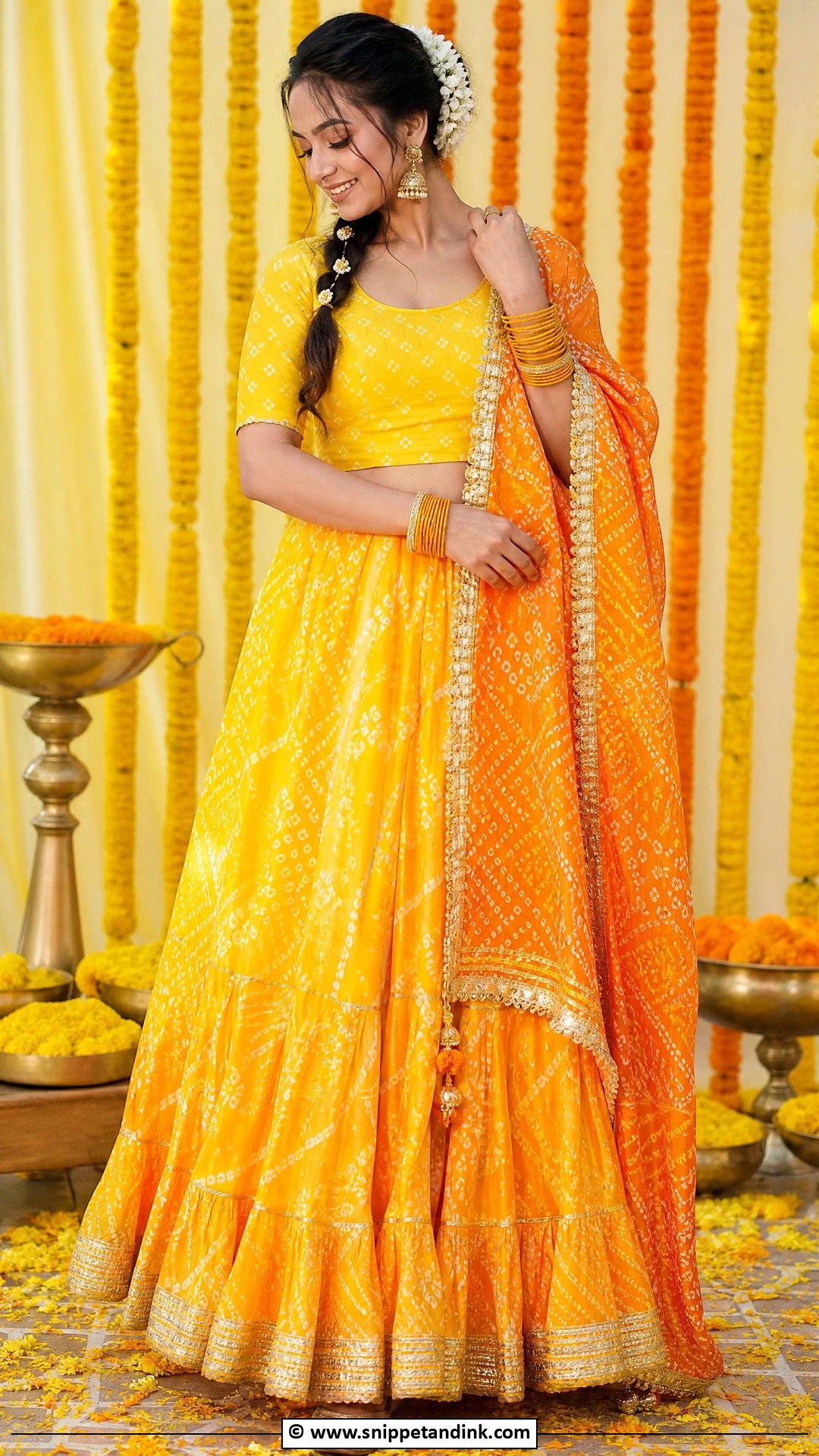 Haldi Bandhani Lehenga Outfit - Snippet and Ink - 35 Haldi Ceremony Outfit Ideas