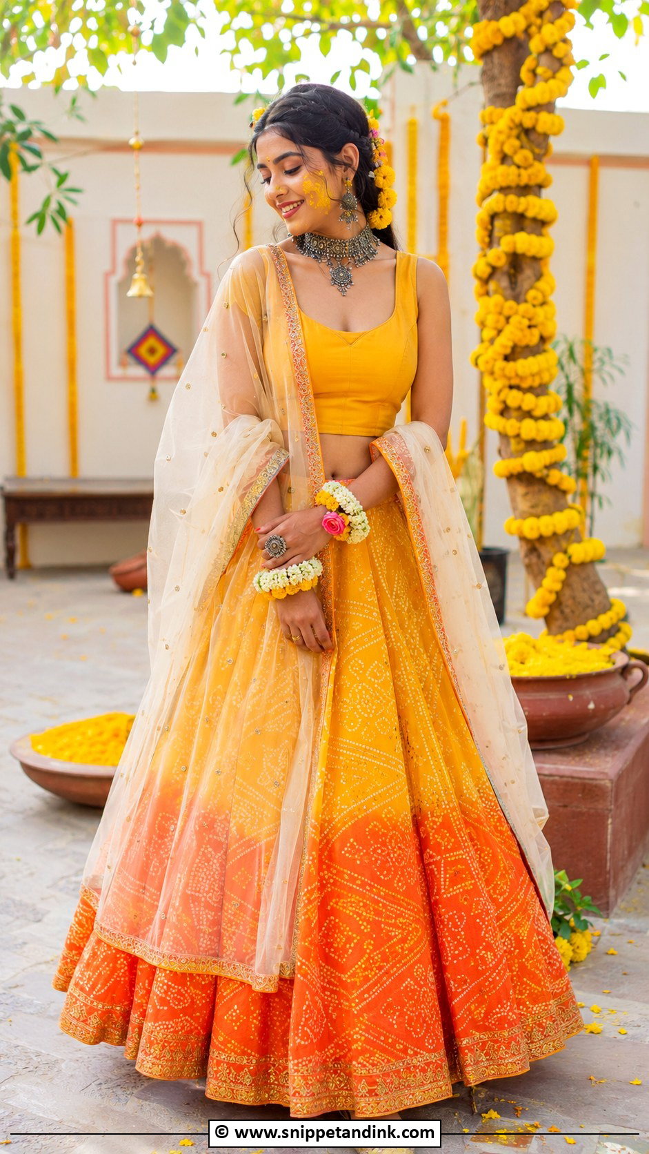 Haldi Bandhani Lehenga - Snippet and Ink - 30 Haldi Dress Ideas for Bride