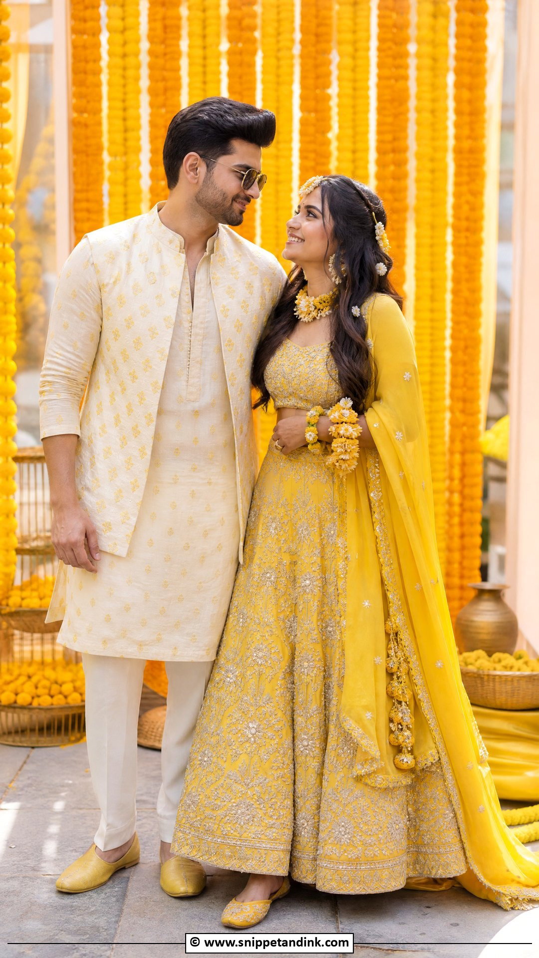 Haldi Bride And Groom Matching Outfit - Snippet and Ink - 35 Haldi Dress for Bride Ideas