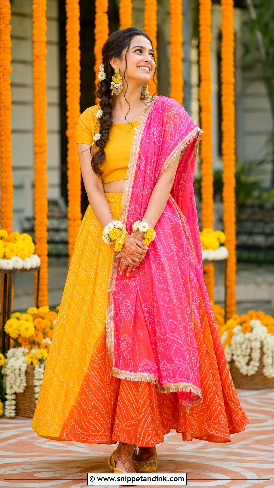 Haldi Bride Bandhani Lehenga - Snippet and Ink - 30 Haldi Bride Outfit Ideas