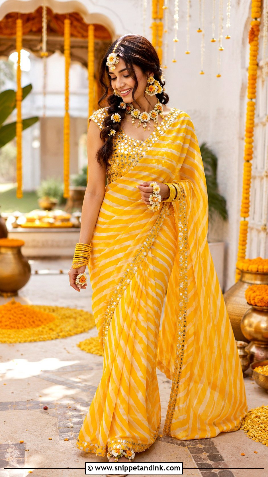 Haldi Bride Leheriya Saree - Snippet and Ink - 30 Haldi Bride Outfit Ideas