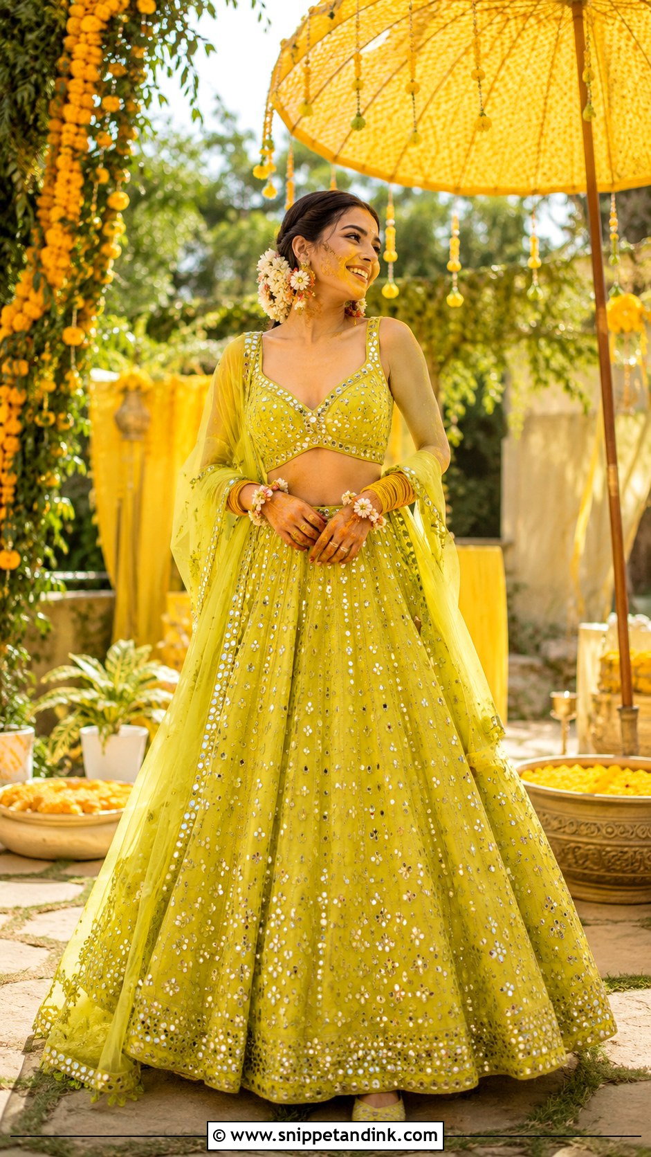 Haldi Bride Mirror Work Lehenga - Snippet and Ink - 30 Haldi Bride Outfit Ideas