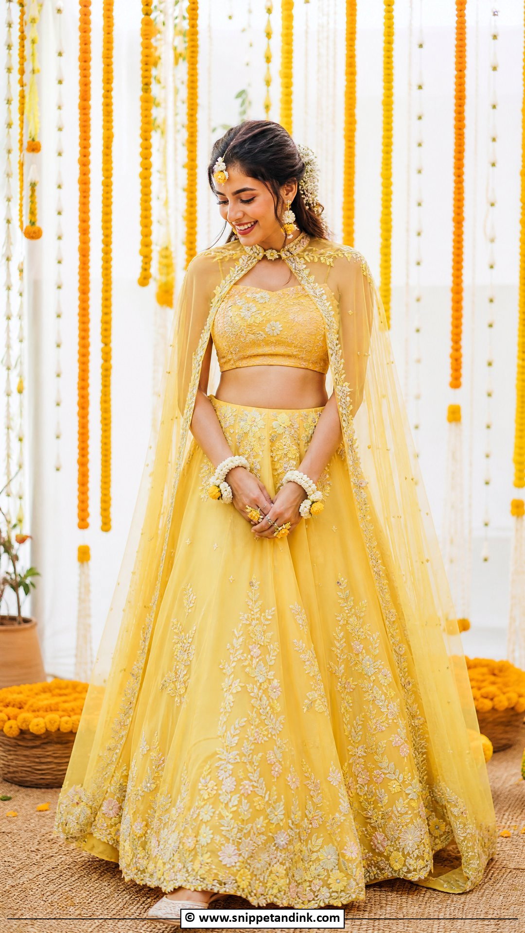 Haldi Cape Lehenga Outfit - Snippet and Ink - 35 Haldi Ceremony Outfit Ideas