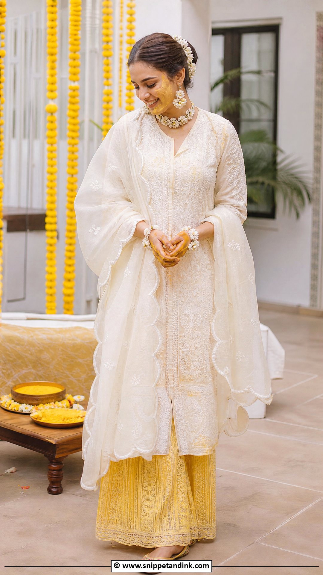 Haldi Chikankari Kurta Set For Bride - Snippet and Ink - 35 Haldi Dress for Bride Ideas
