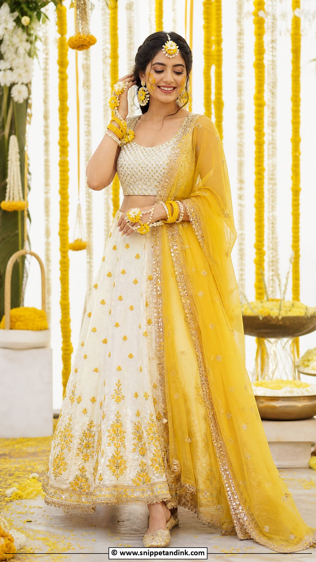 Haldi Floral Jewelry Bride Outfit - Snippet and Ink - 35 Haldi Ceremony Outfit Ideas