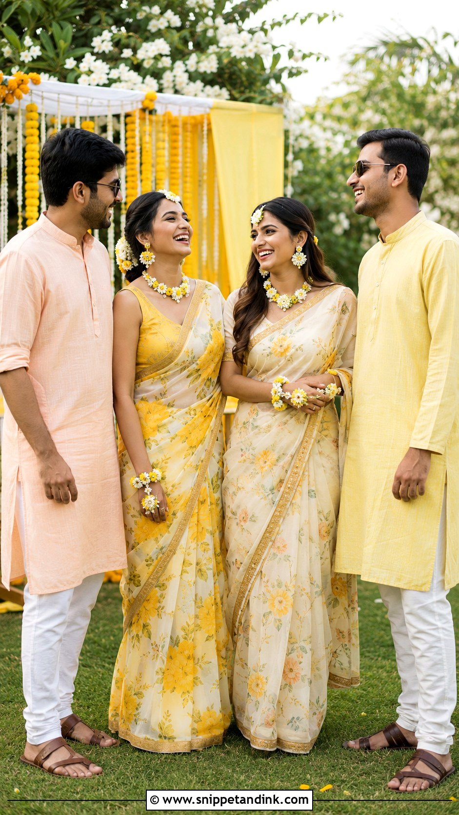 Haldi Floral Saree And Kurta Outfit - Snippet and Ink - 25 Haldi Theme Dress for Family Ideas