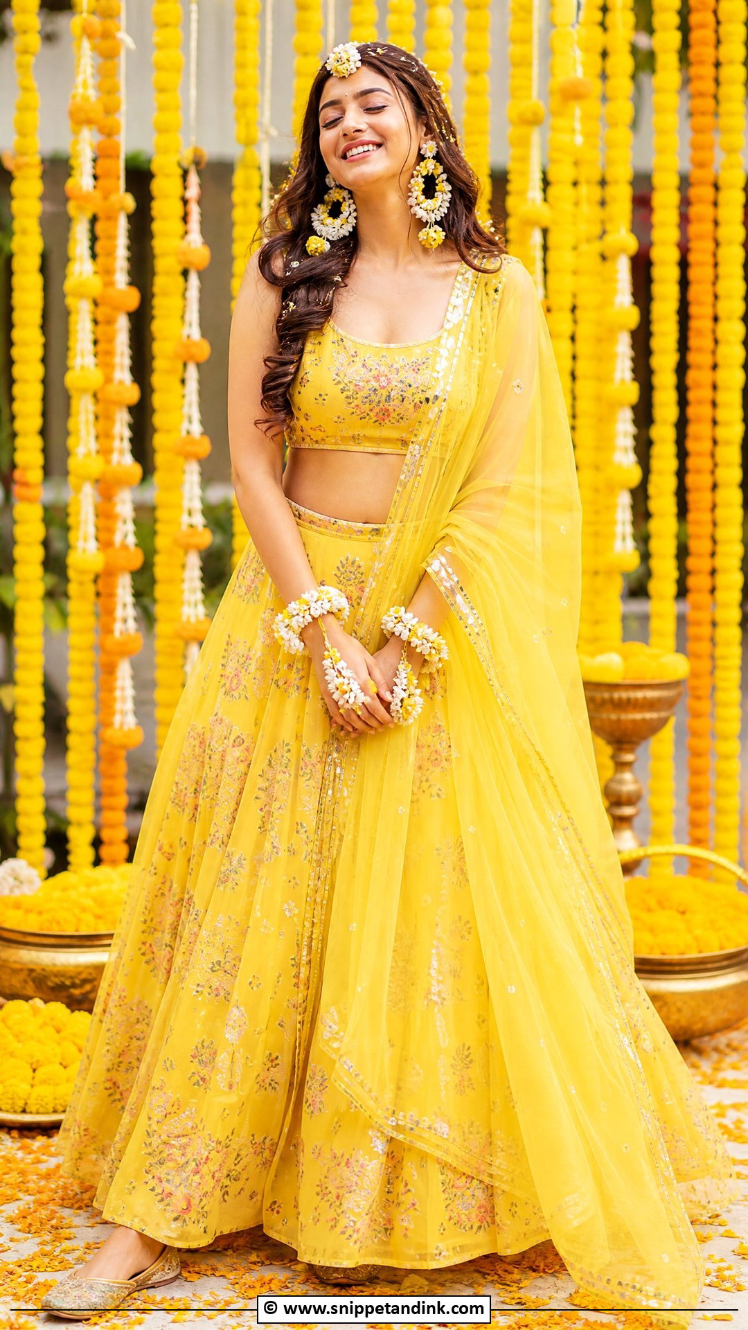 Haldi Lehenga With Floral Jewelry For Bride - Snippet and Ink - 35 Haldi Dress for Bride Ideas
