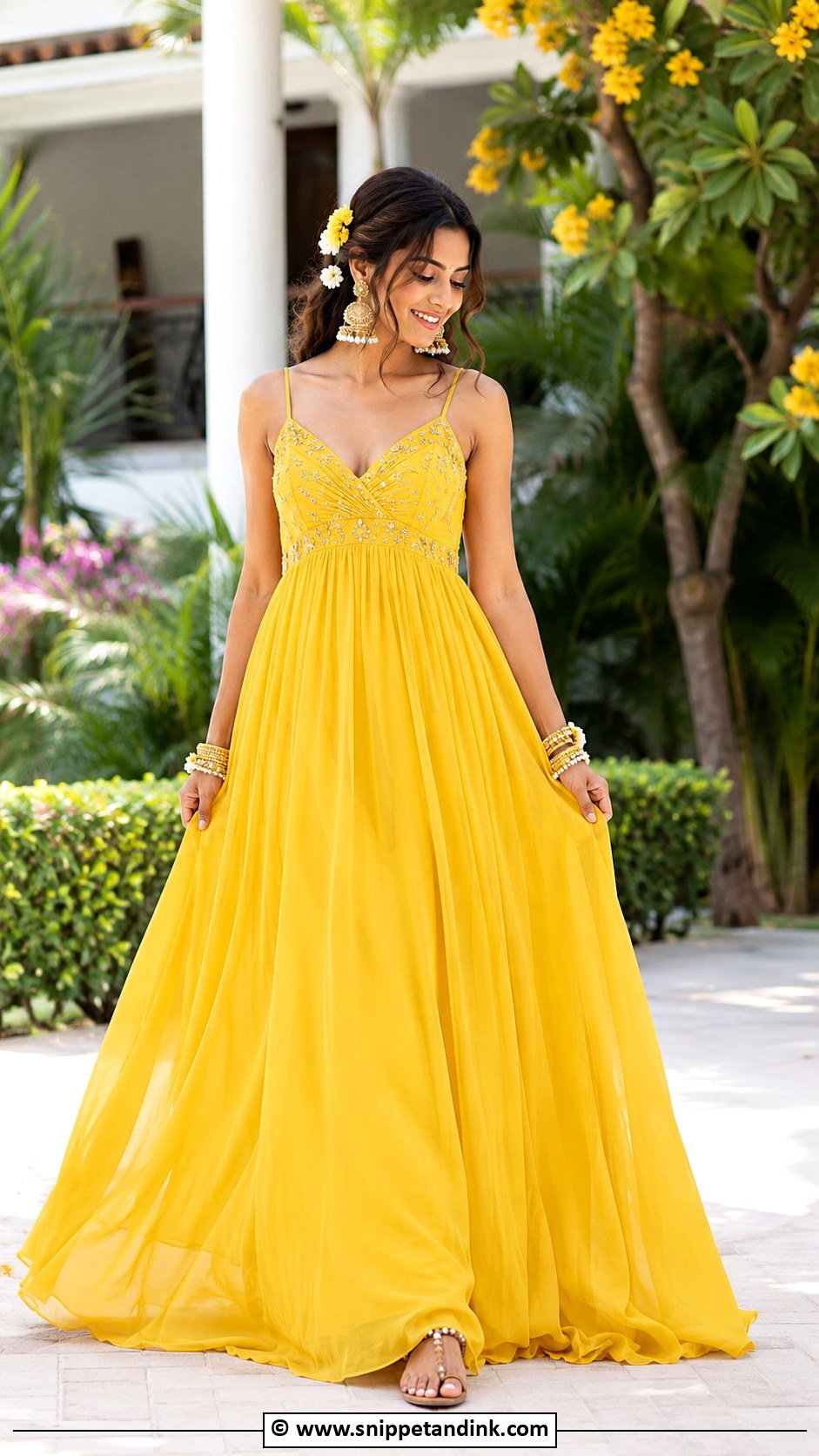 Haldi Maxi Dress With Indian Jewelry - Snippet and Ink - 35 Unique Haldi Outfits