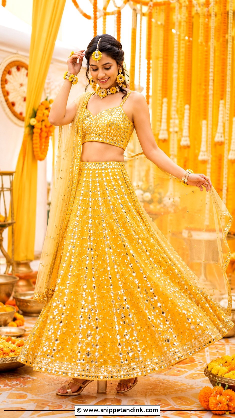 Haldi Mirror Work Lehenga - Snippet and Ink - 30 Haldi Function Dress Ideas
