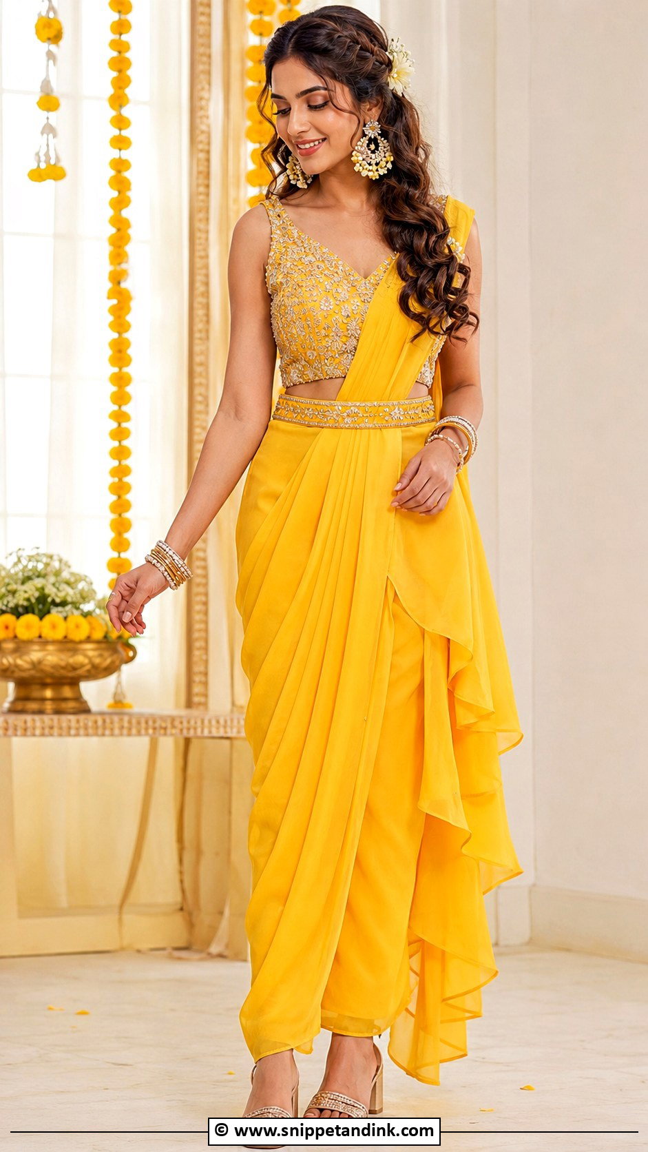 Haldi Pre Draped Saree - Snippet and Ink - 30 Haldi Dress Ideas for Bride