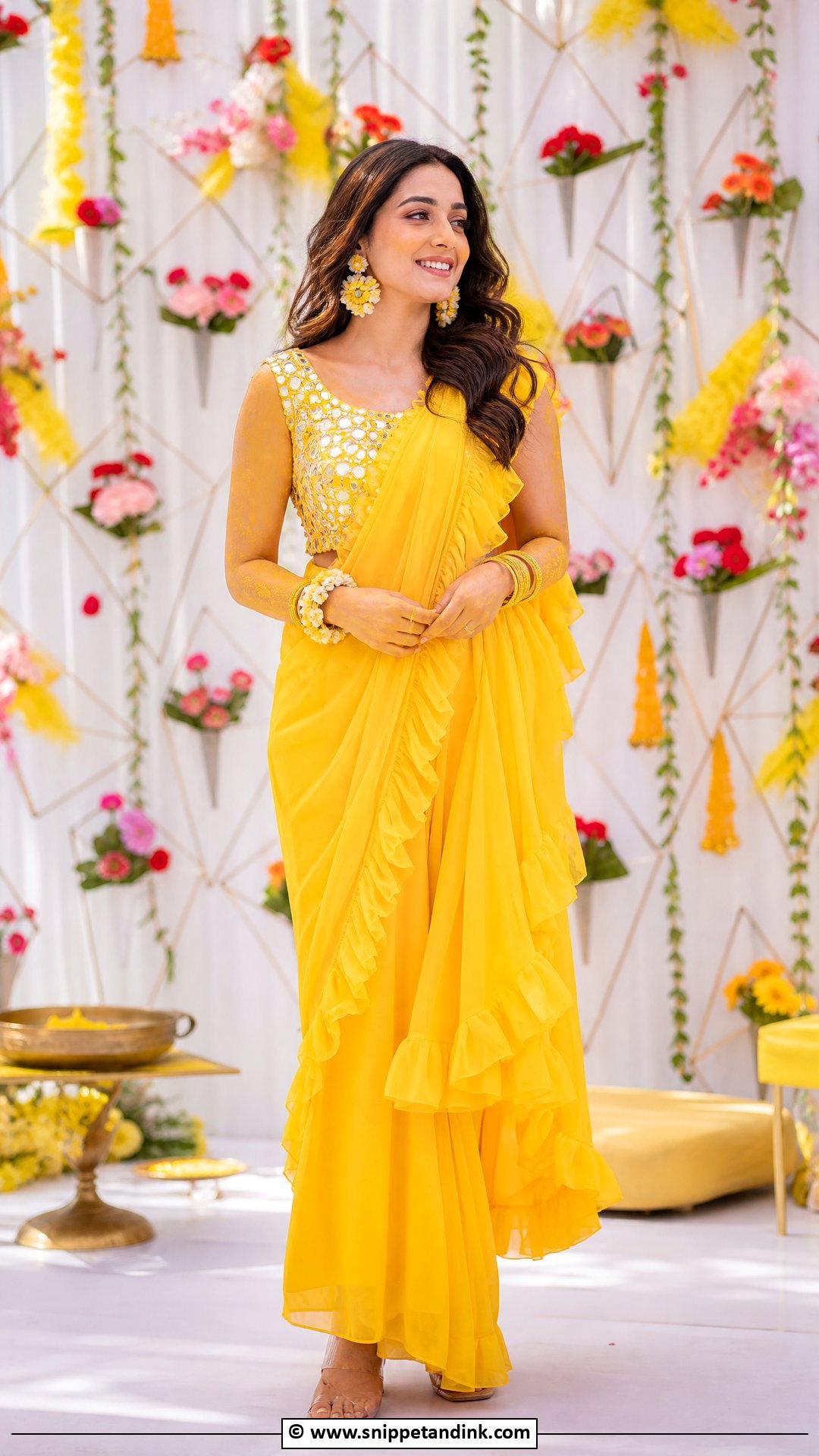 Haldi Ruffle Saree For Bride - Snippet and Ink - 35 Haldi Dress for Bride Ideas