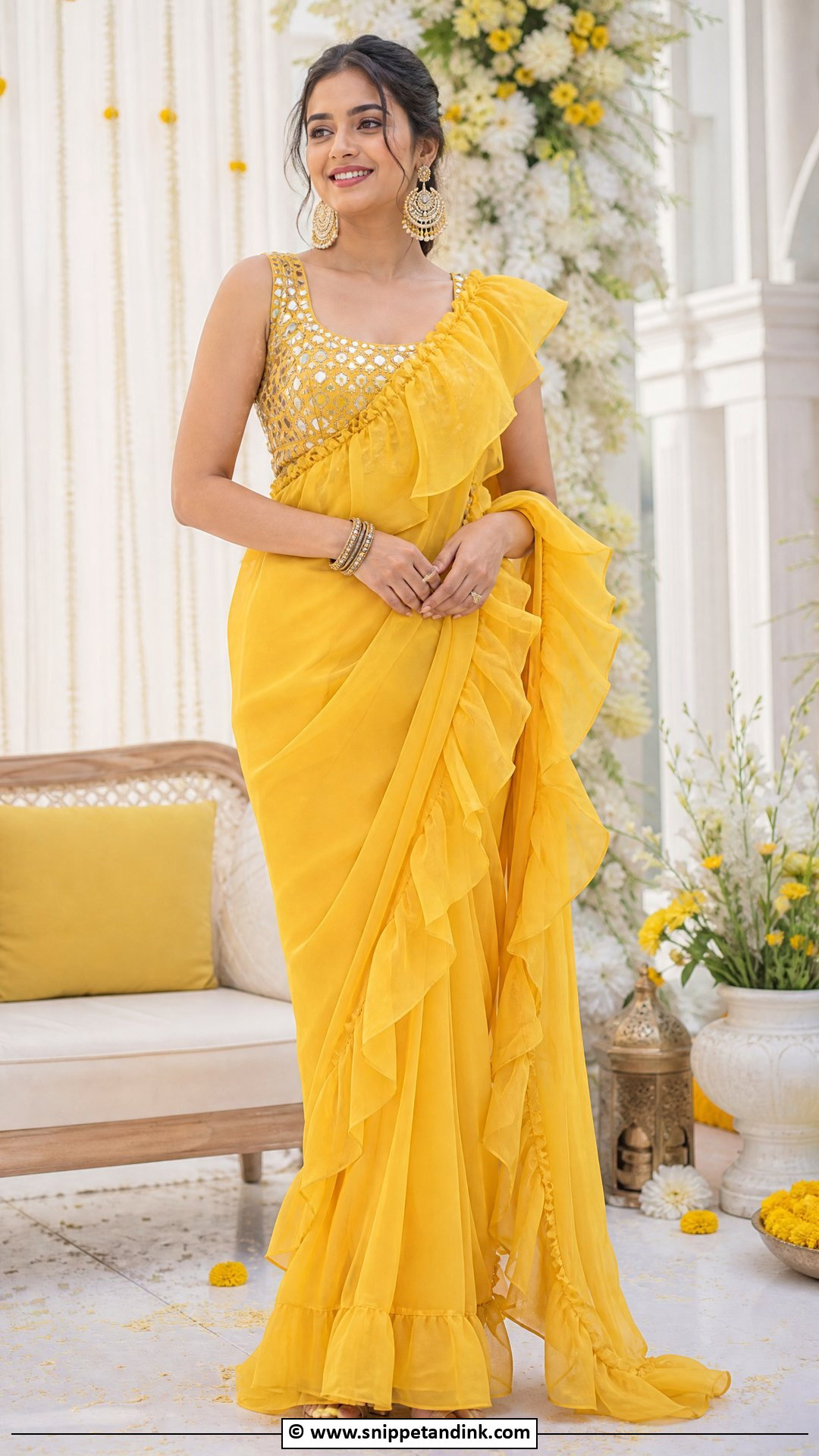 Haldi Ruffle Saree Outfit - Snippet and Ink - 35 Haldi Ceremony Outfit Ideas