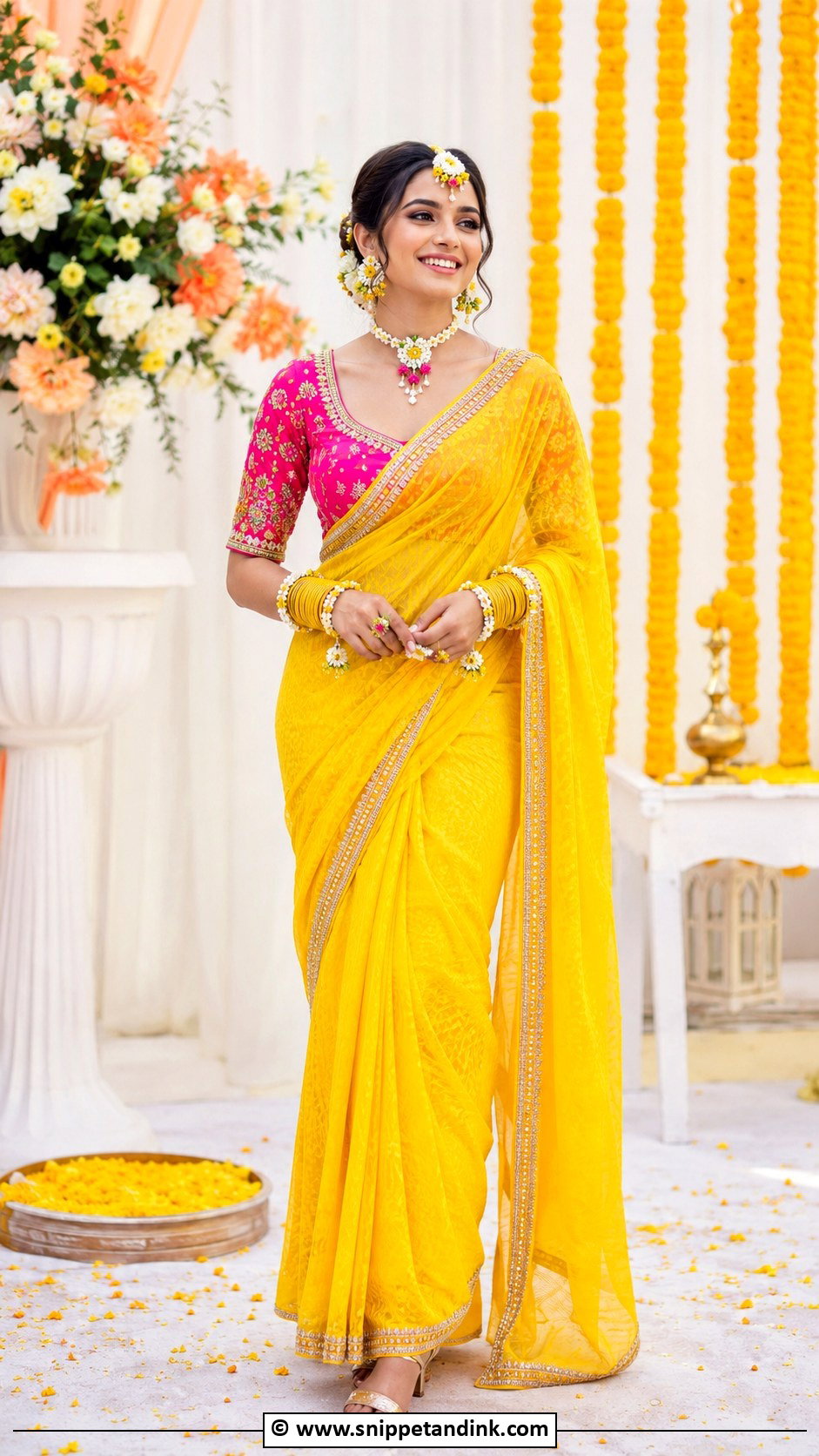 Haldi Saree With Contrast Blouse - Snippet and Ink - 30 Haldi Dress Ideas for Bride