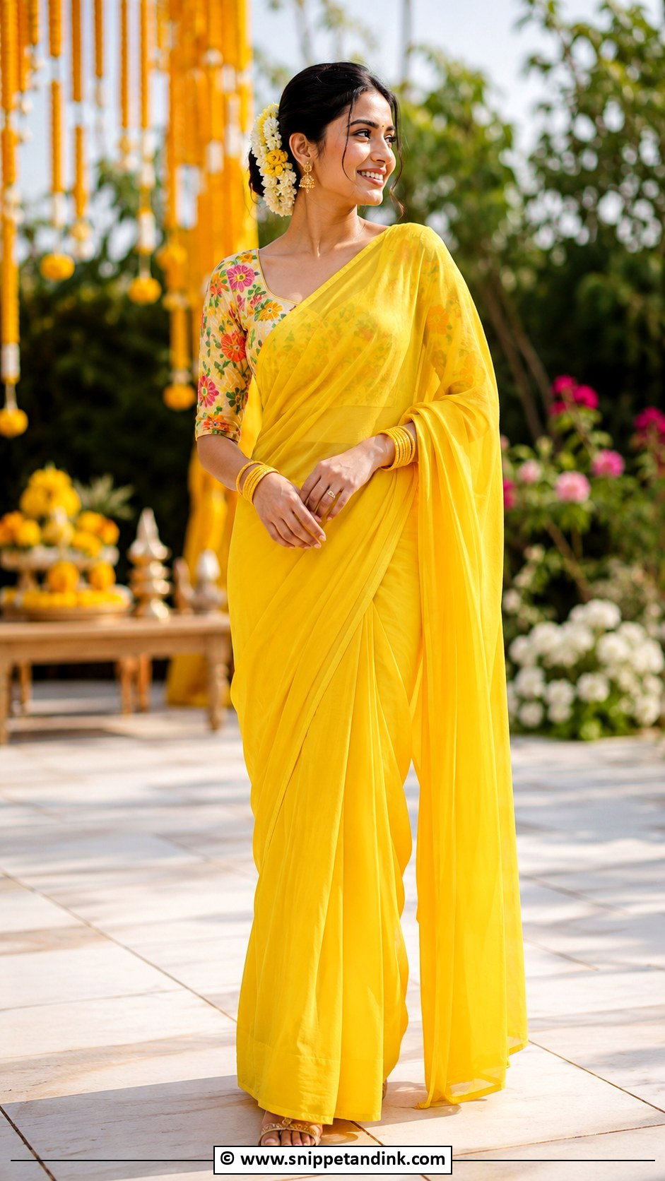 Haldi Saree With Floral Blouse - Snippet and Ink - 35 Unique Haldi Outfits