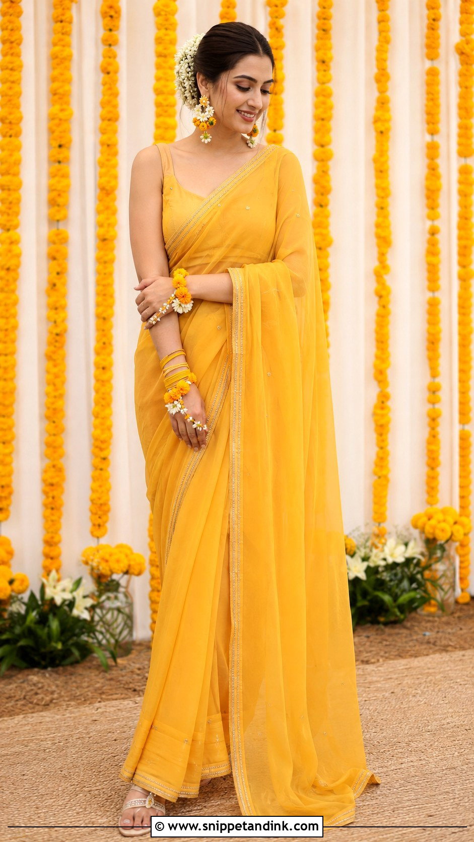 Haldi Saree With Floral Jewelry - Snippet and Ink - 25 Trending Haldi Outfits for Bride