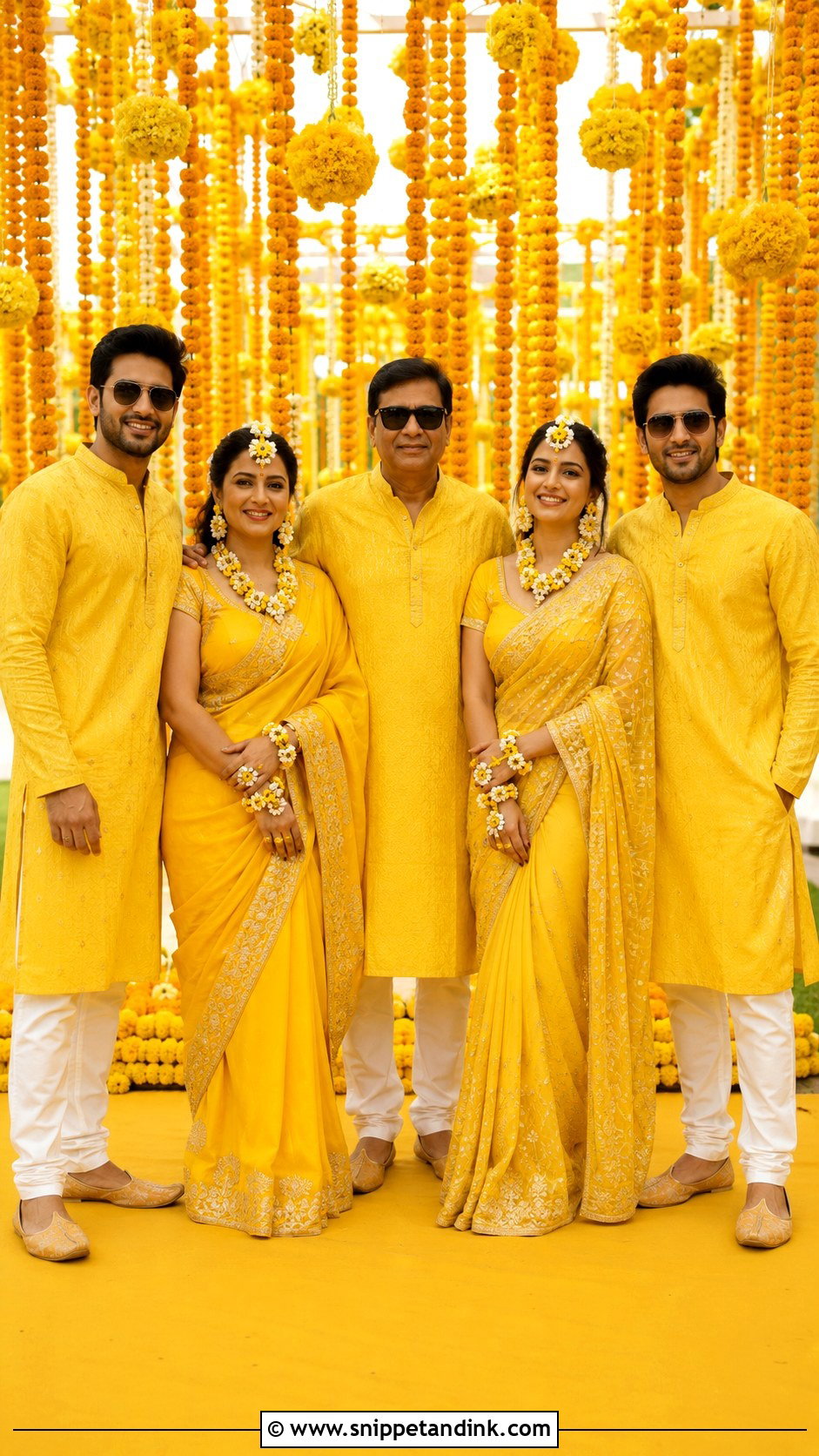 Haldi Yellow Saree And Kurta Family Outfit - Snippet and Ink - 25 Haldi Theme Dress for Family Ideas