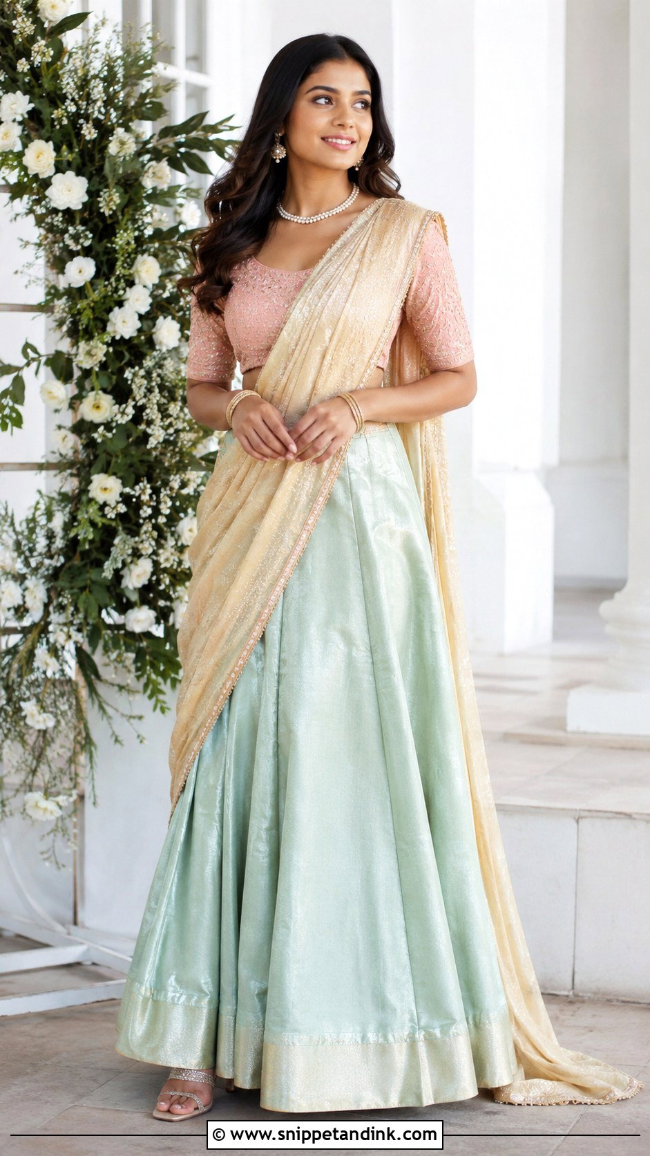 Half Saree With Pastel Silk Skirt - Snippet and Ink - 30 Halfsarees Traditional Ideas
