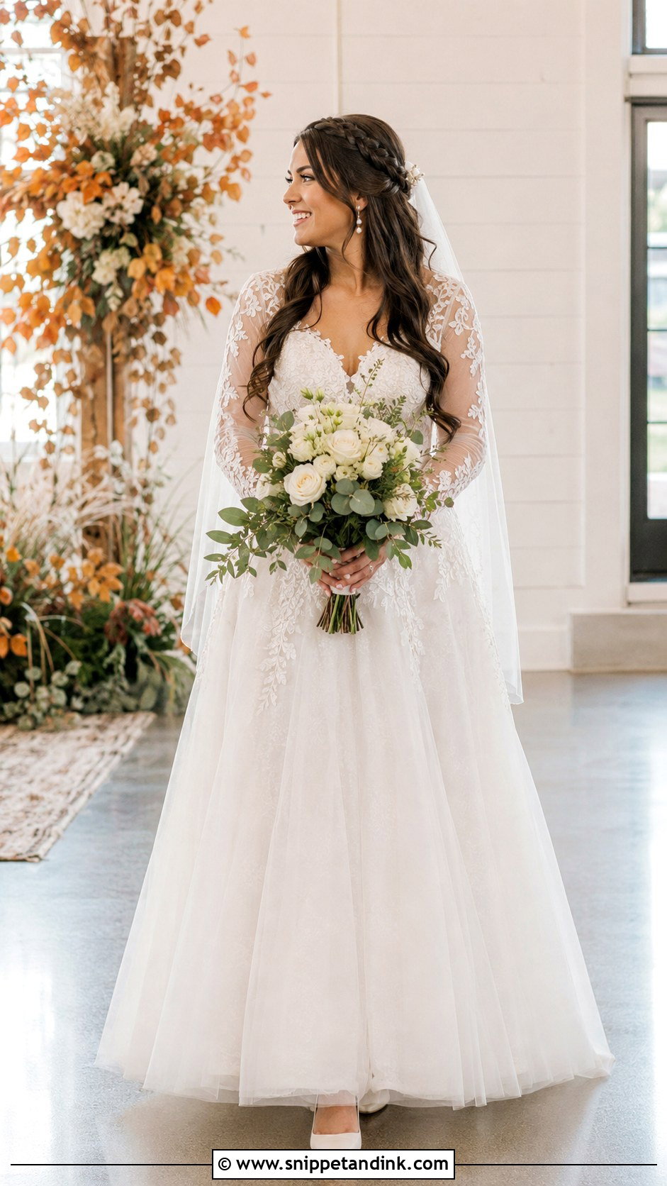 Half Up Braid With Long Sleeve Wedding Dress - Snippet and Ink - 20 Braid Dress Wedding Ideas