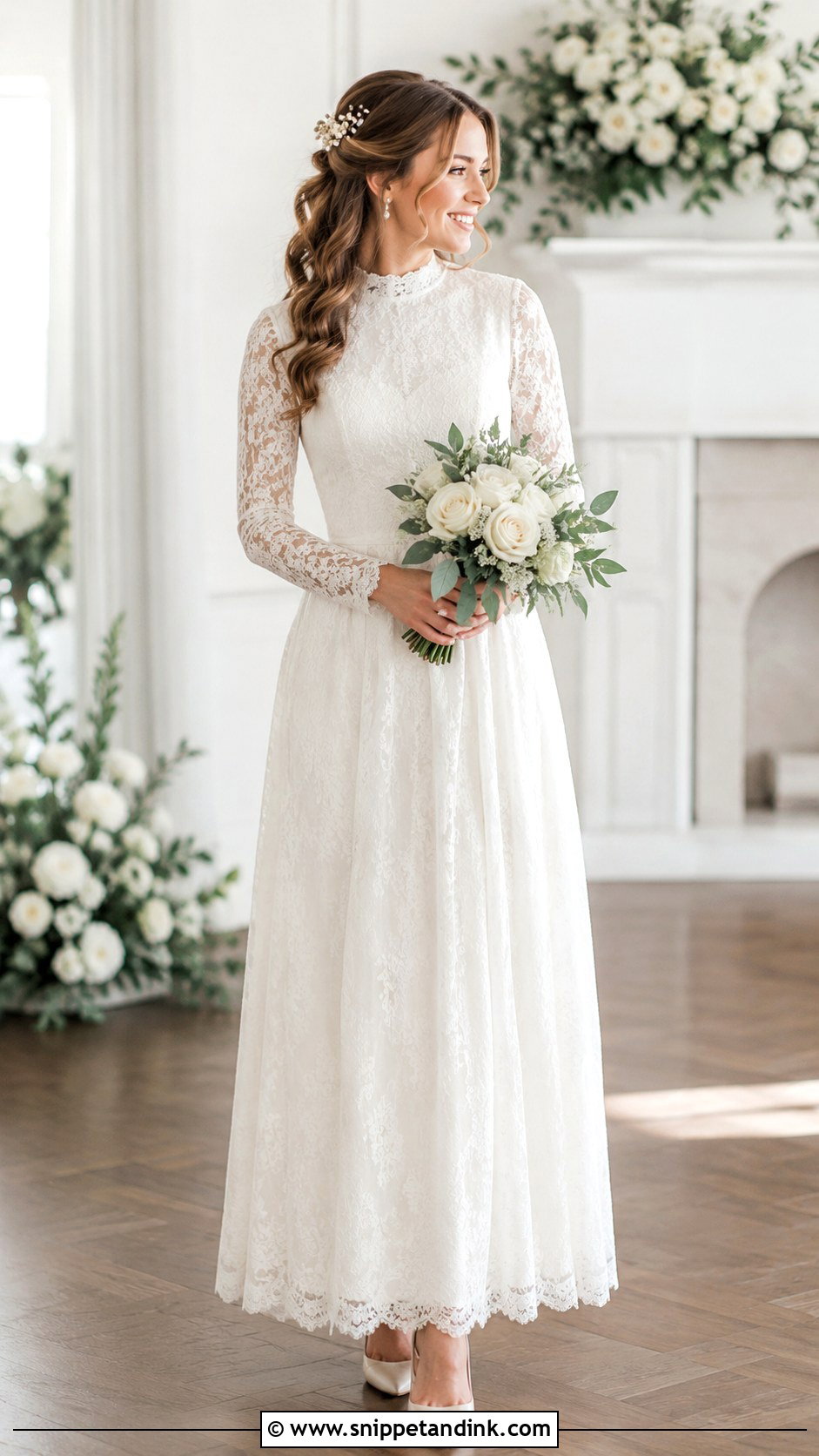 Half Up Curls For High Neck Wedding Dress - Snippet and Ink - 20 High Neck Wedding Dress Hairstyle Ideas