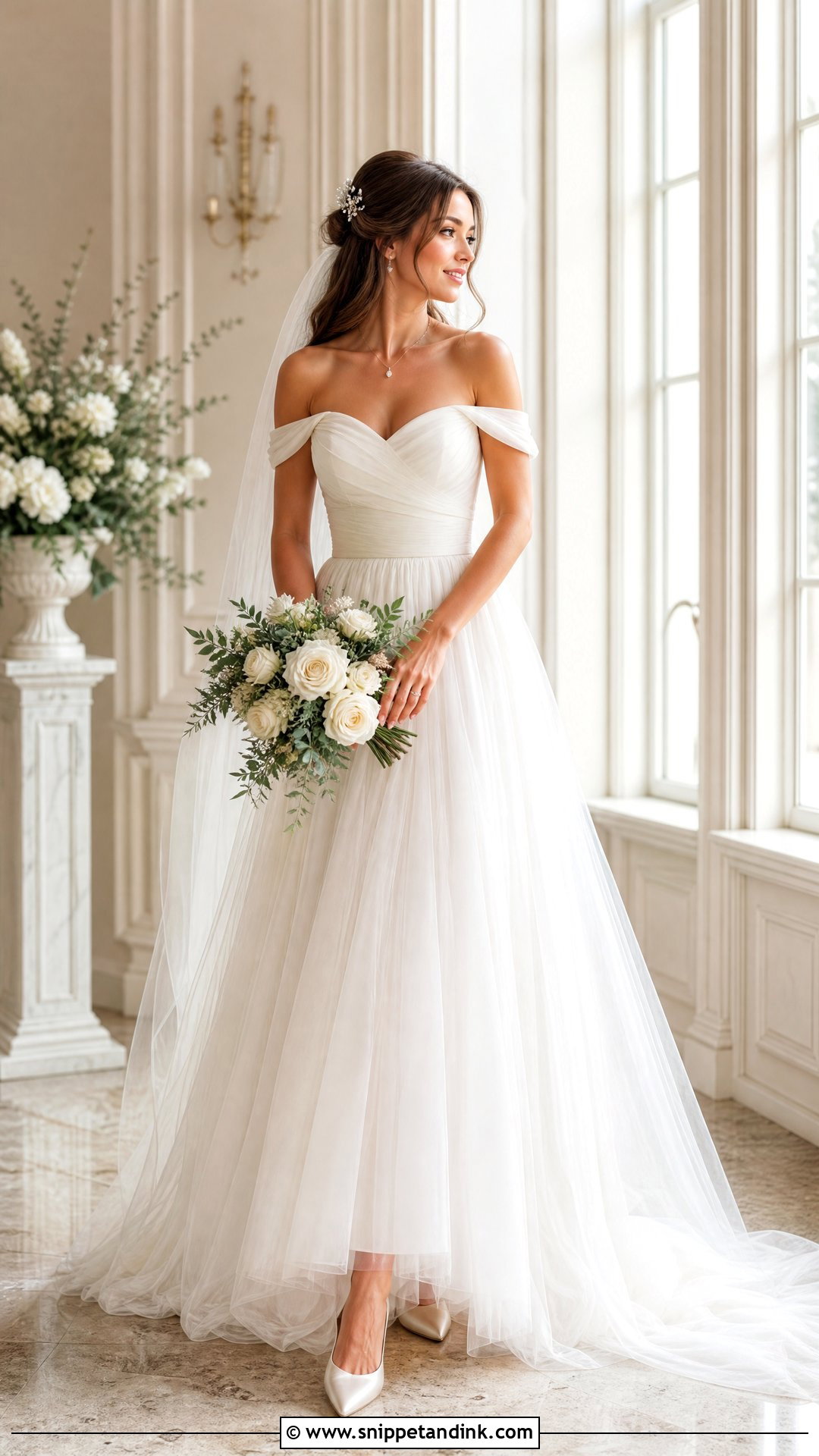 Half Up Half Down Curls for Off the Shoulder Wedding Dress - Snippet and Ink - 25 Off the Shoulder Wedding Dress Hairstyle Ideas