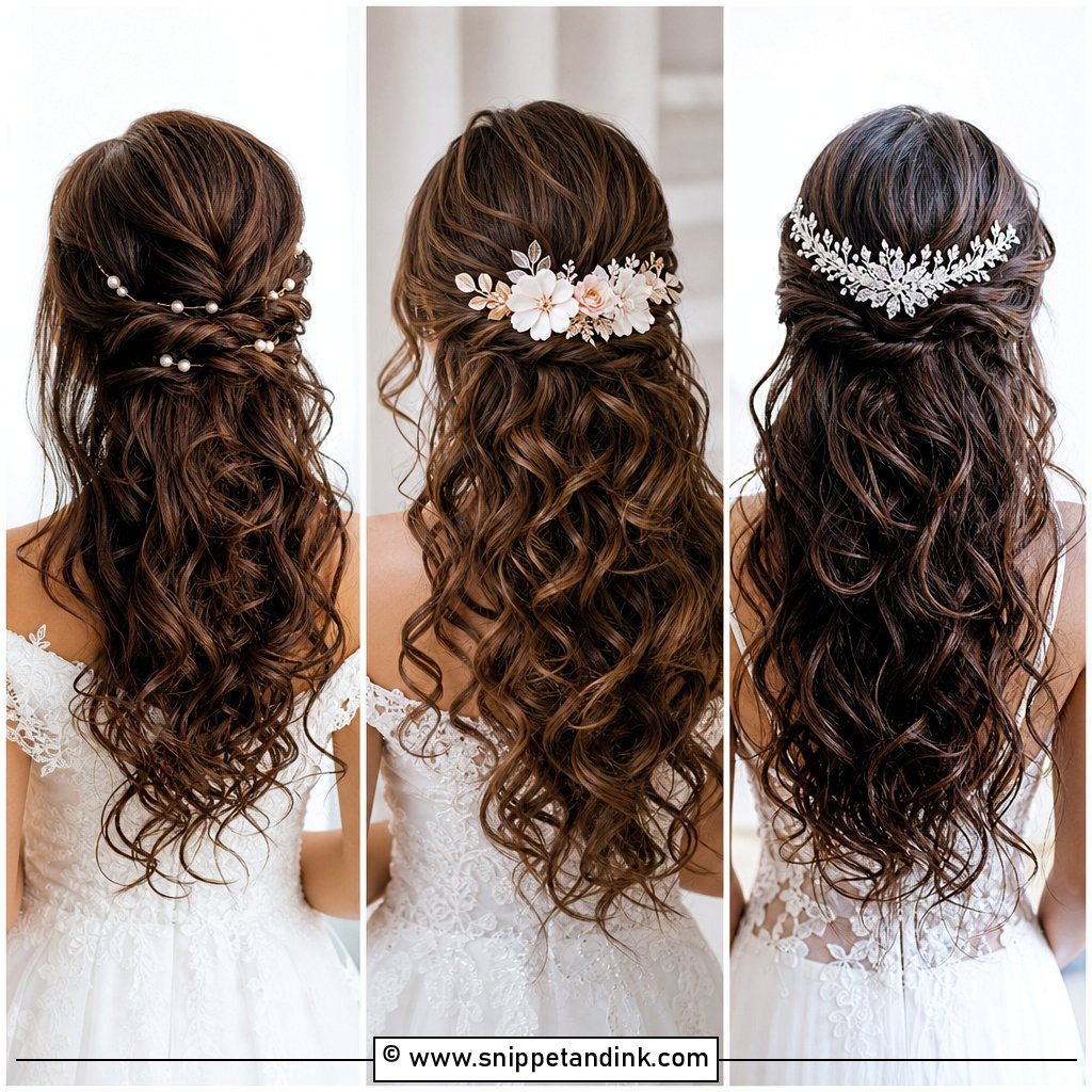 Half-Up Half-Down Curly Long Hair Wedding Hairstyles Accessories