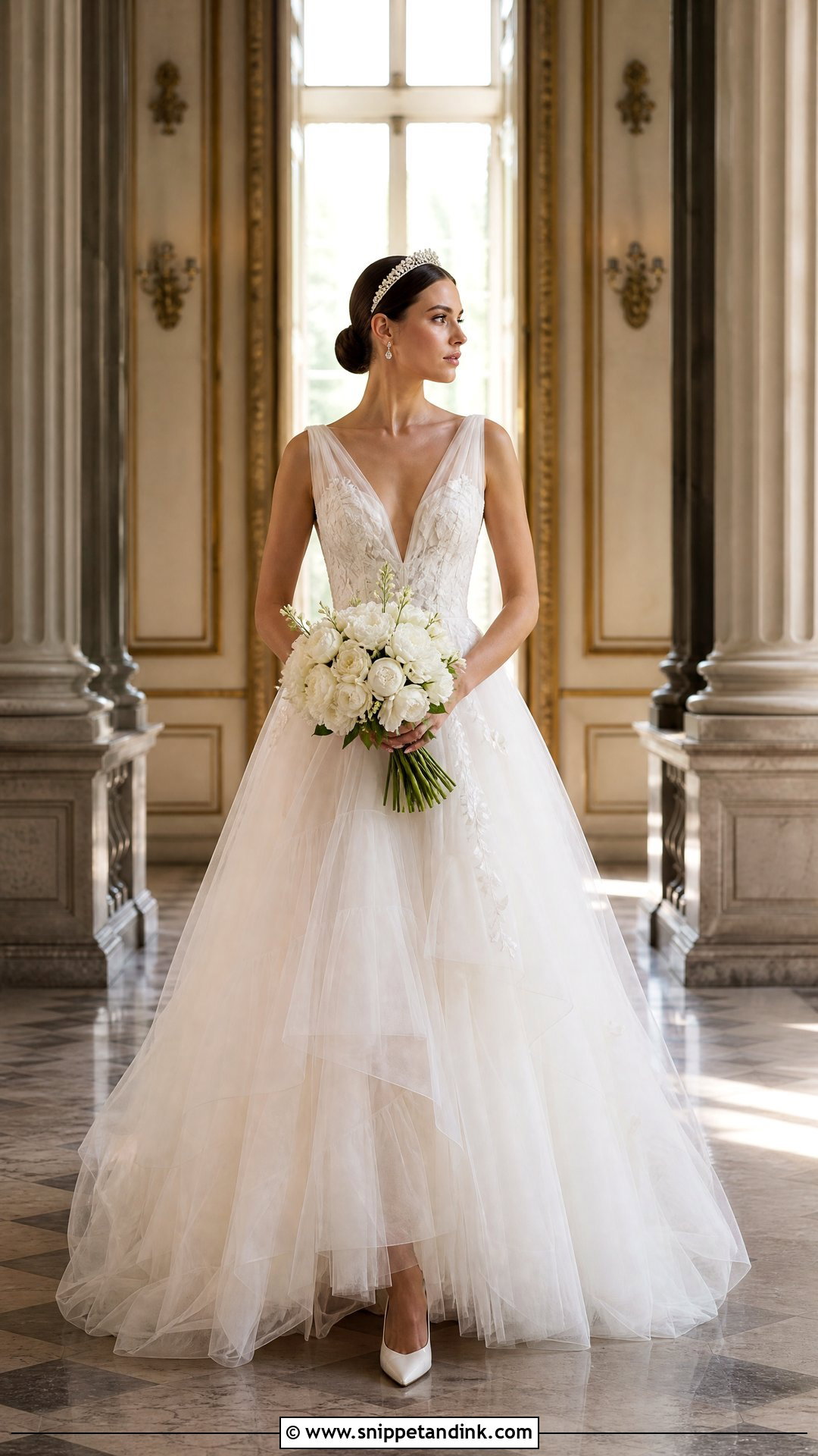 Halo Crown Wedding Headpiece With Tulle Gown - Snippet and Ink - 20 Wedding Head Pieces Ideas