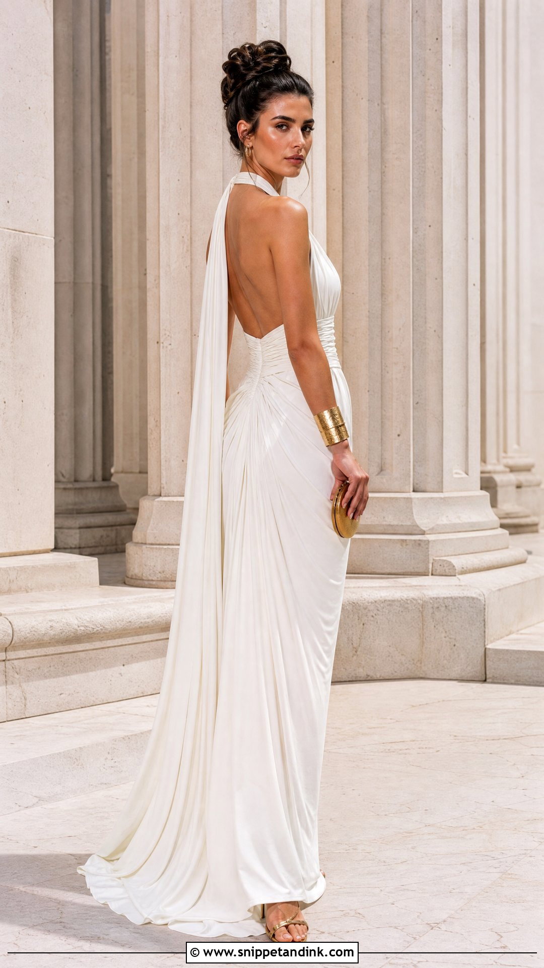 Halter Ancient Greek Wedding Dress With Statement Cuffs - Snippet and Ink - 25 Ancient Greek Wedding Dress Ideas