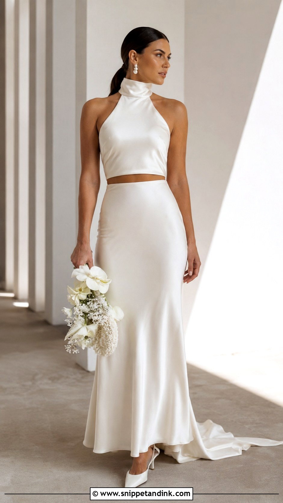 Halter Crop Top Wedding Dress With Satin Skirt - Snippet and Ink - 20 Crop Top Wedding Dress Ideas
