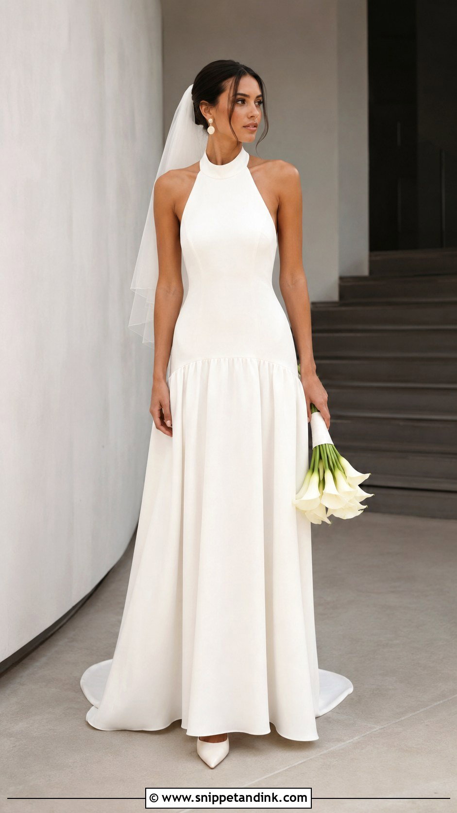 Halter Drop Waist Wedding Dress With Minimal Accessories - Snippet and Ink - 20 Low Waist Wedding Dresses