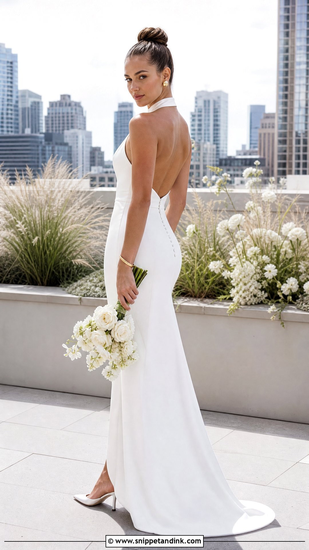 Halter Neck Wedding Dress With Statement Earrings - Snippet and Ink - 20 Sleek Wedding Dresses