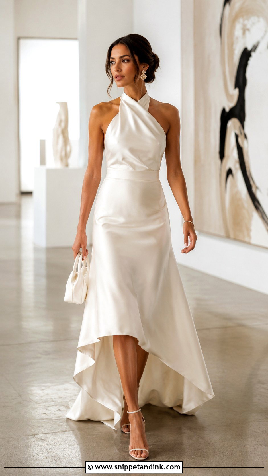 Halter Satin Hi Low Wedding Dress With Statement Earrings - Snippet and Ink - 20 Hi Low Wedding Dress Ideas