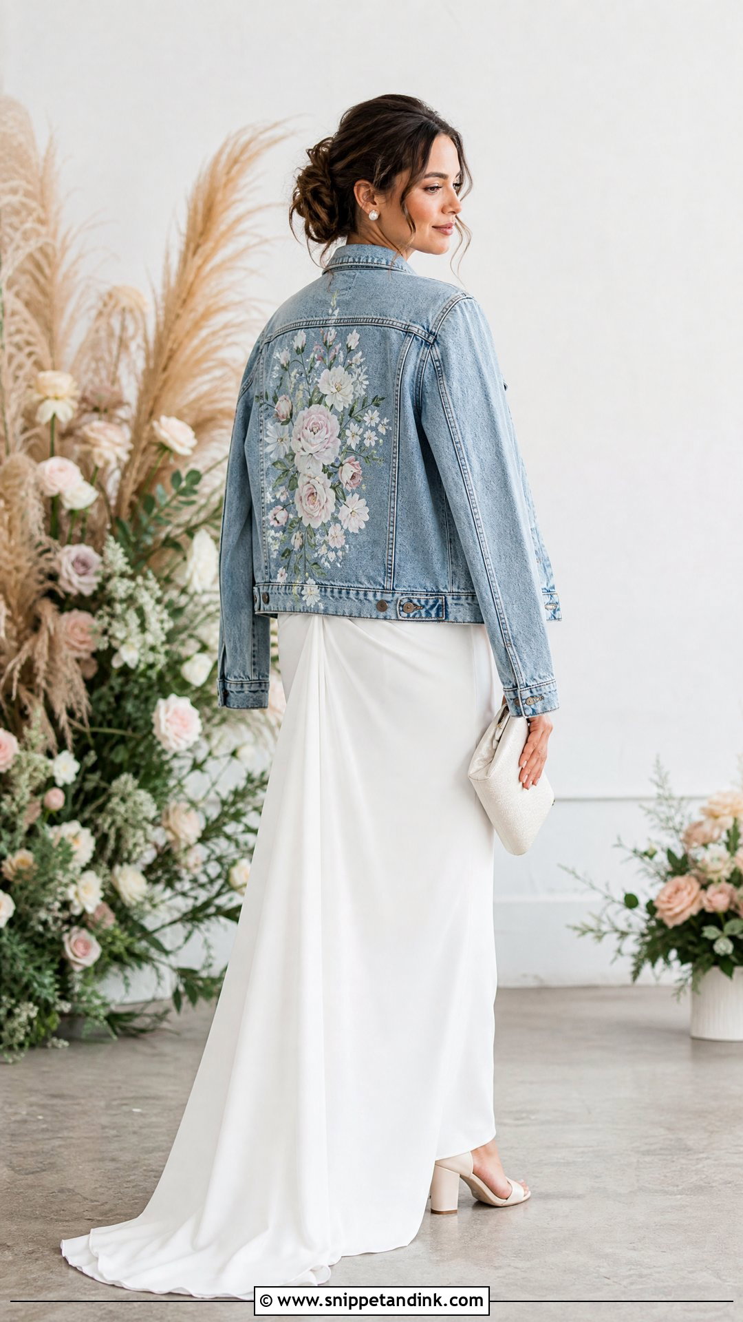Hand Painted Bride Denim Jacket With Simple Wedding Gown - Snippet and Ink - 20 Bride Denim Jacket Ideas