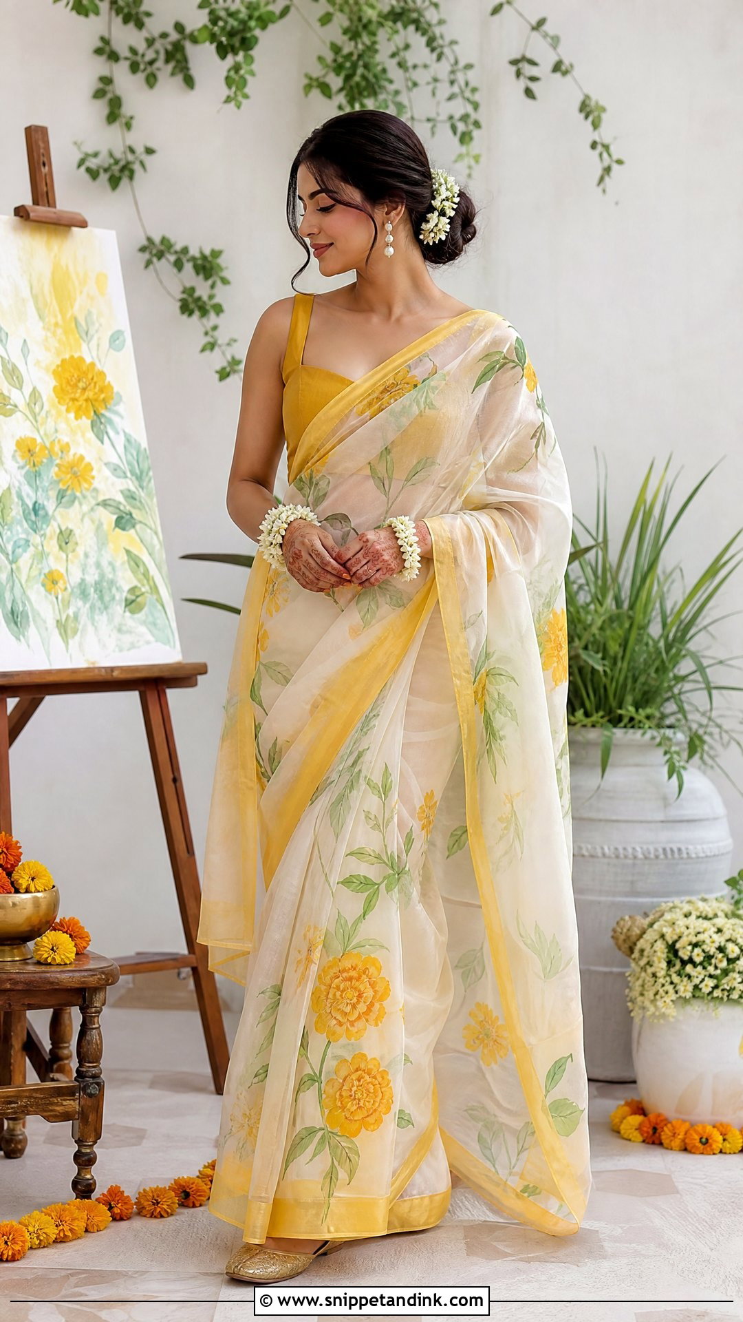 Hand Painted Haldi Saree - Snippet and Ink - 20 Unique Haldi Outfit for Bride Ideas