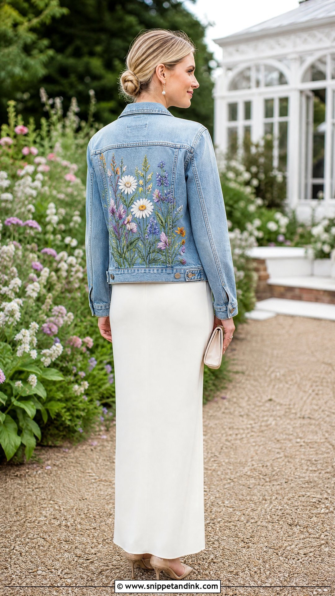 Hand Painted Wedding Jean Jacket With Column Dress - Snippet and Ink - 20 Wedding Jean Jacket Ideas