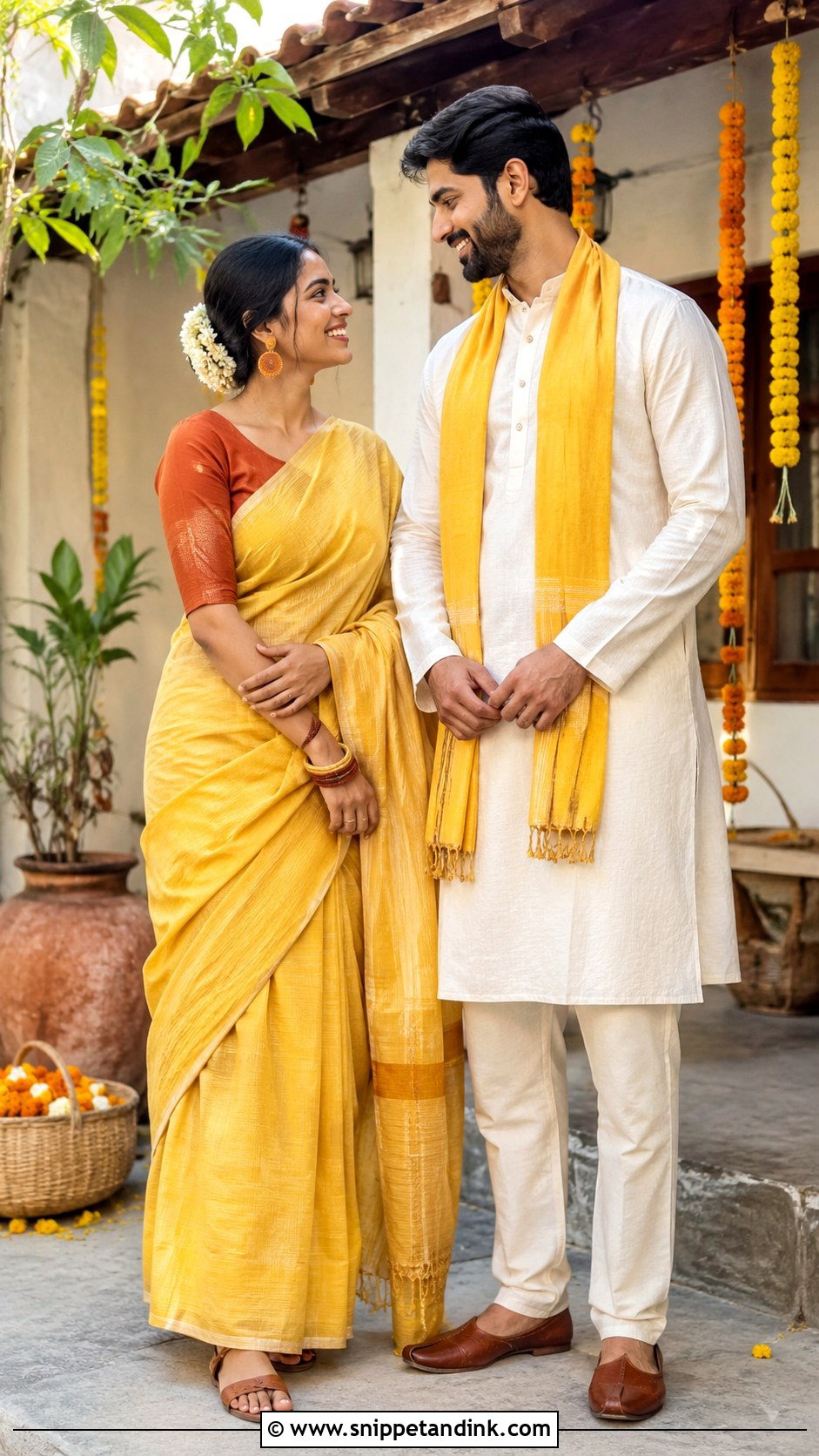 Handloom Cotton Haldi Outfits For Couple - Snippet and Ink - 20 Haldi Outfits for Couple