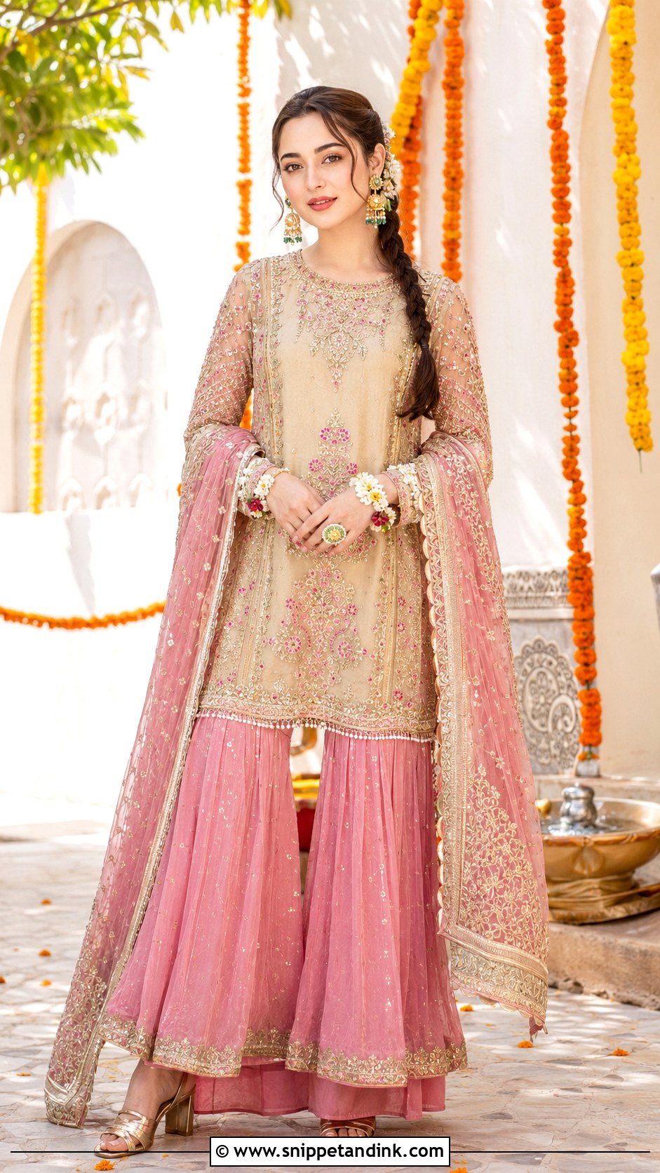 Hania Amir Pink And Beige Embroidered Sharara - Snippet and Ink - 20 Hania Amir Wedding Dresses
