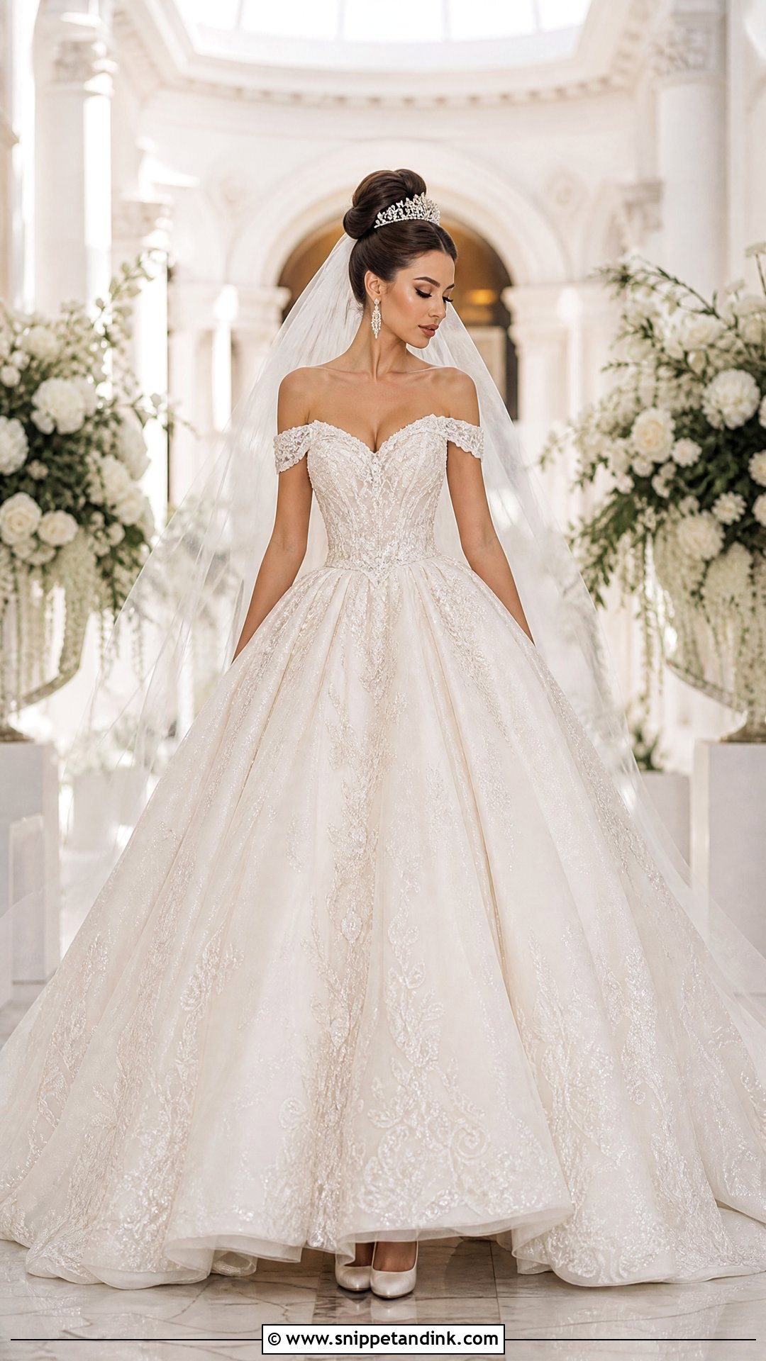 High Bridal Bun for Off the Shoulder Wedding Dress - Snippet and Ink - 25 Off the Shoulder Wedding Dress Hairstyle Ideas