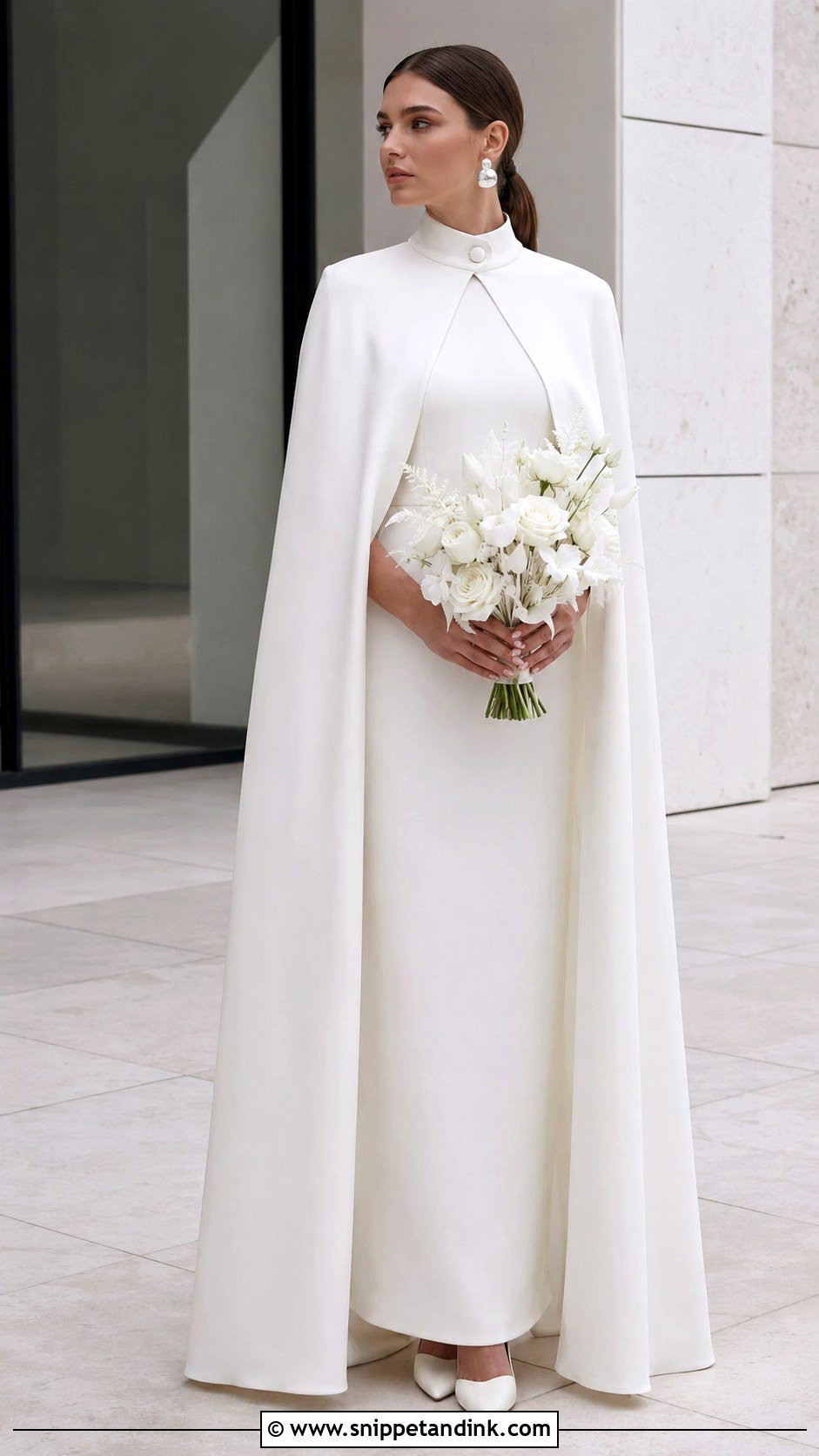 High Collar Bridal Cloak With Minimalist Gown - Snippet and Ink - 20 Bridal Cloak Ideas