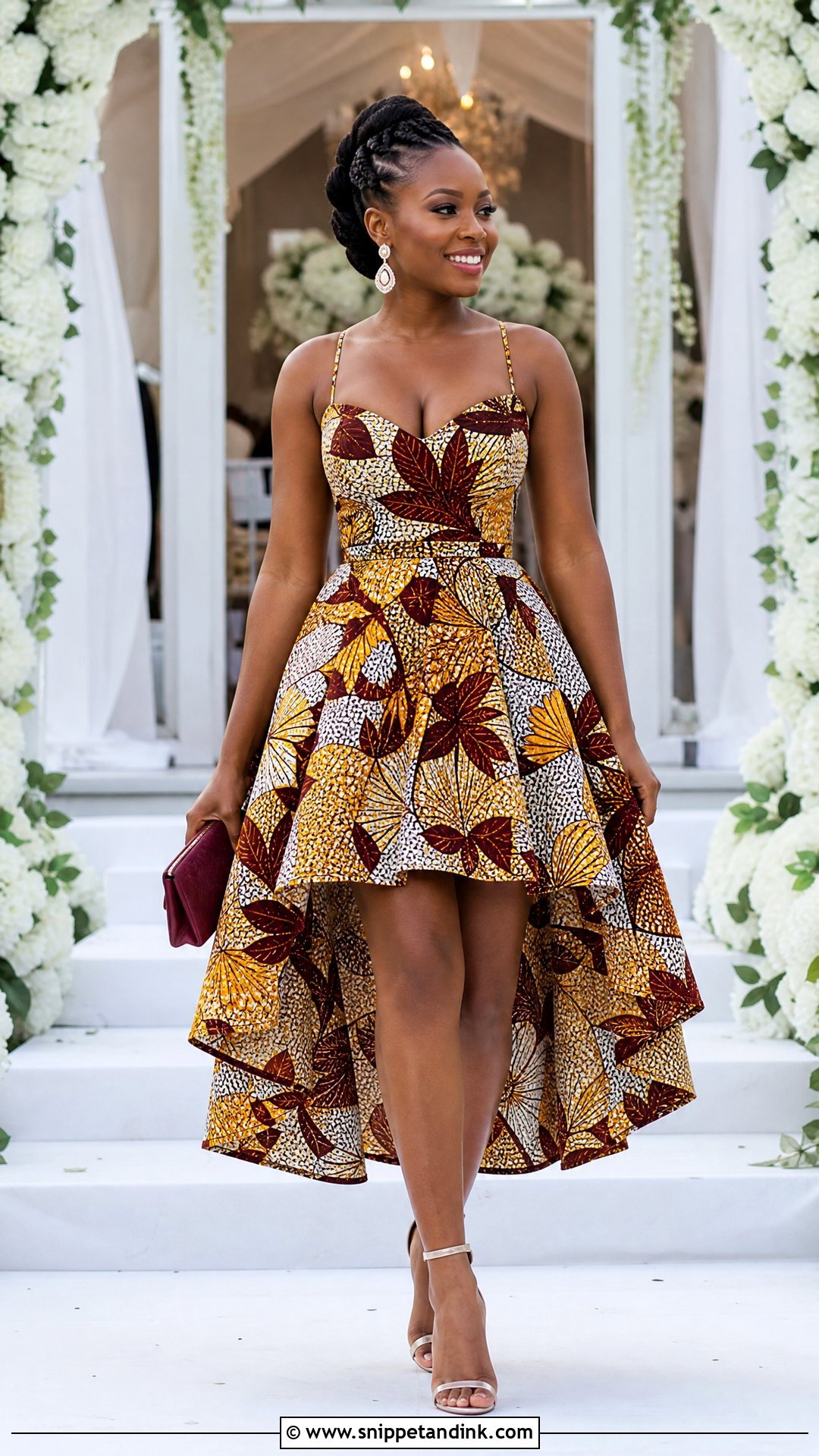High Low Ankara Short Gown With Strappy Heels - Snippet and Ink - 20 Short Gown Ankara Styles for Wedding
