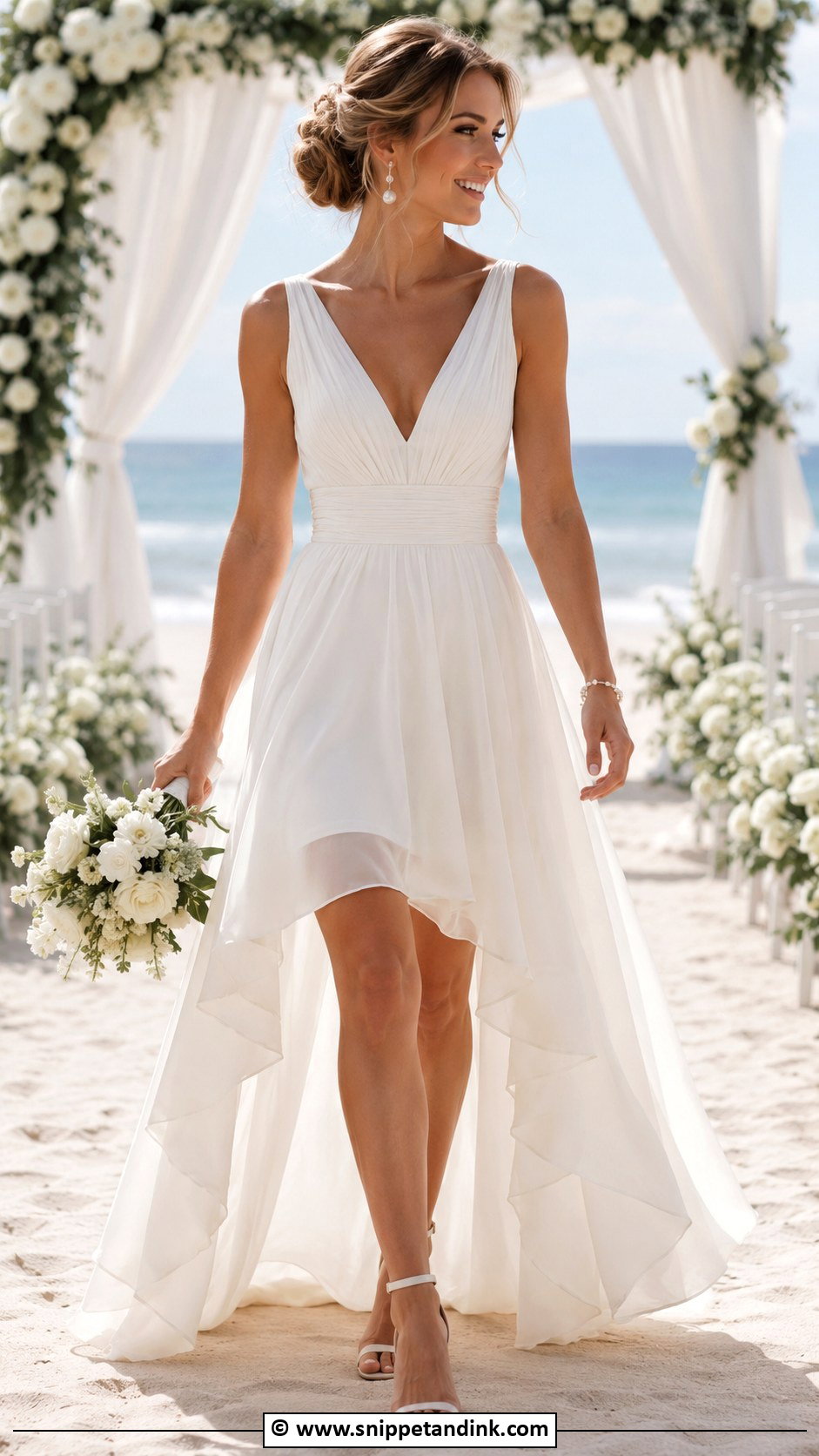 High Low Beach Bridal Dress With Ankle Strap Sandals - Snippet and Ink - 30 Beach Bridal Dresses