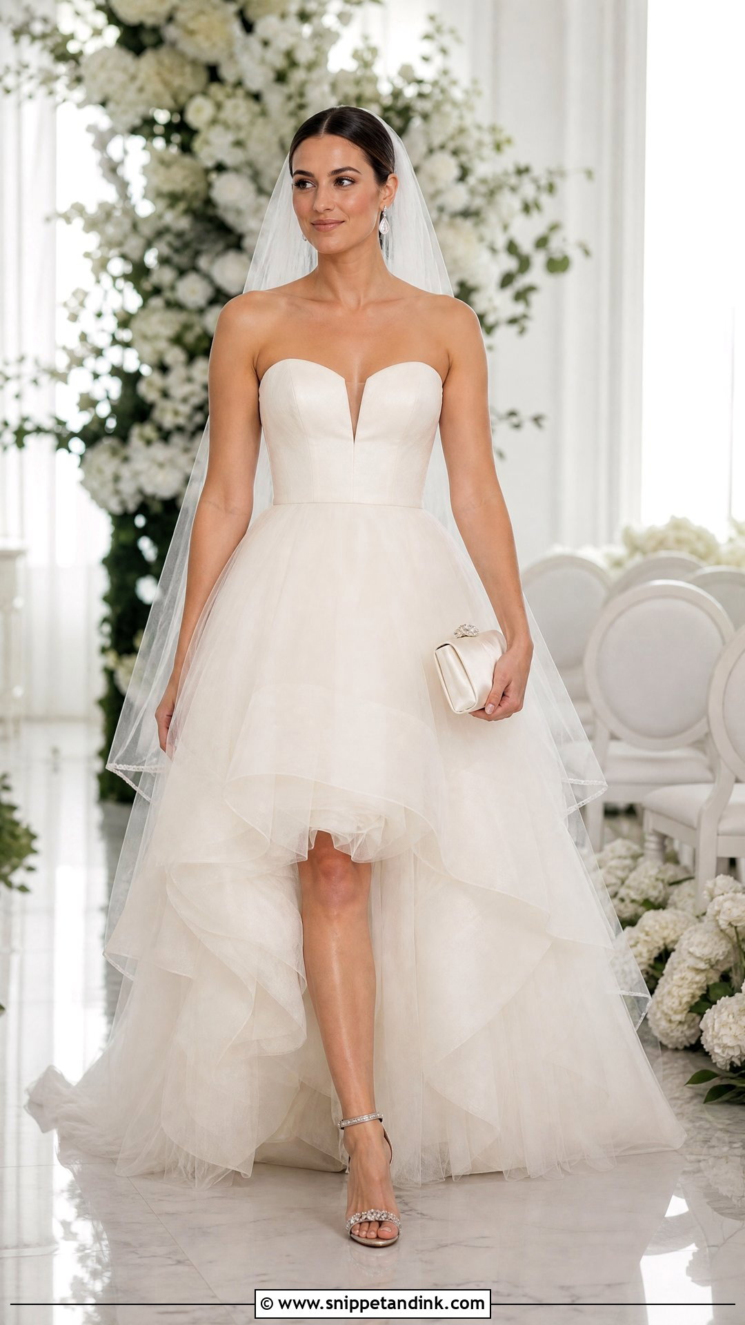 High Low Bridal Gown With Embellished Heels - Snippet and Ink - 25 Short Bridal Gown Ideas