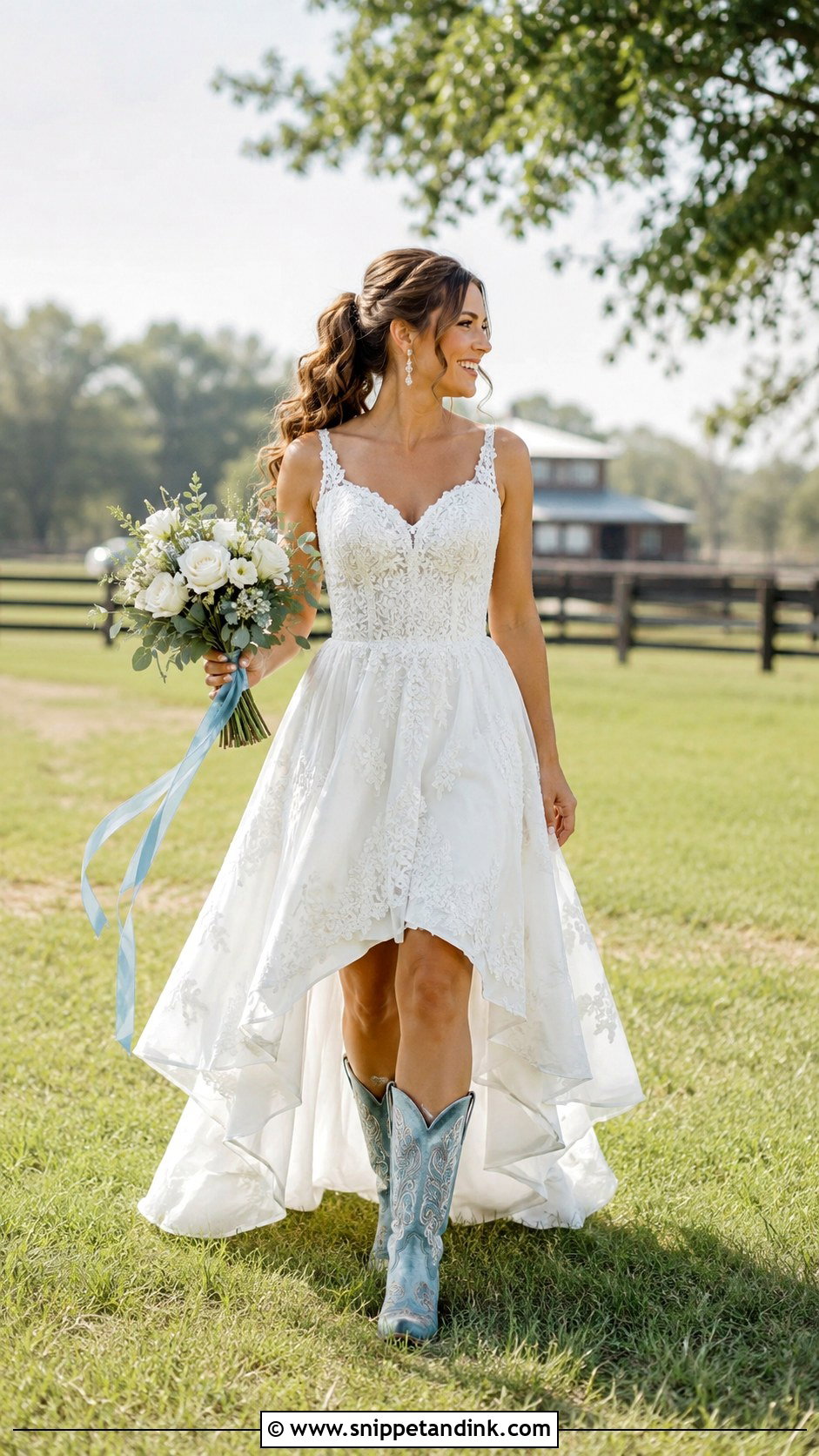 High Low Country Wedding Gown With Statement Cowboy Boots - Snippet and Ink - 20 Country Wedding Gowns