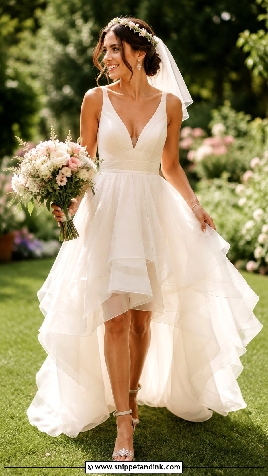 High Low Garden Party Wedding Dress With Embellished Sandals - Snippet and Ink - 20 Garden Party Wedding Dress the Bride Ideas