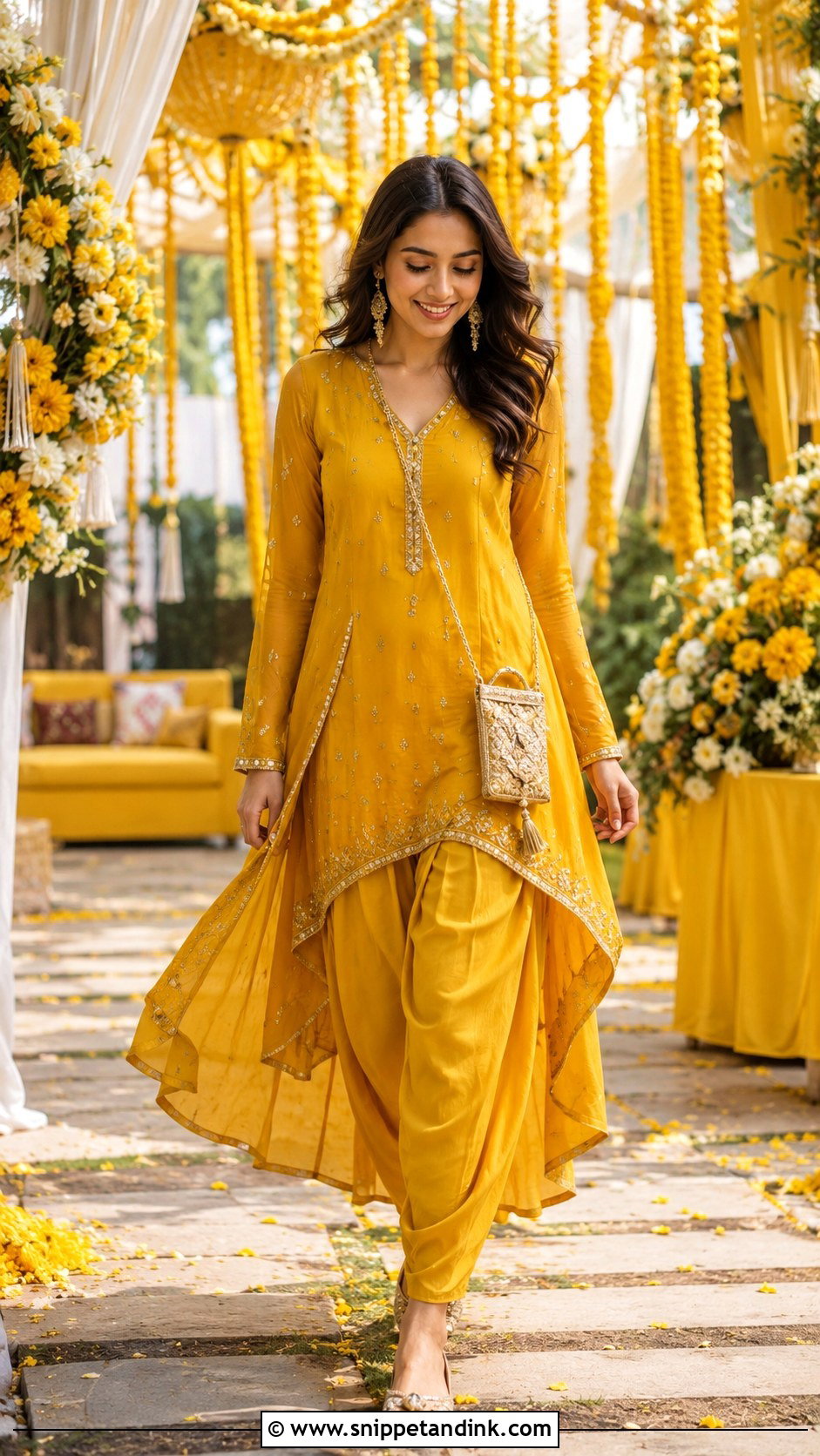 High Low Tunic And Draped Pants Haldi Outfit - Snippet and Ink - 20 Indowestern Haldi Ceremony Outfit Ideas